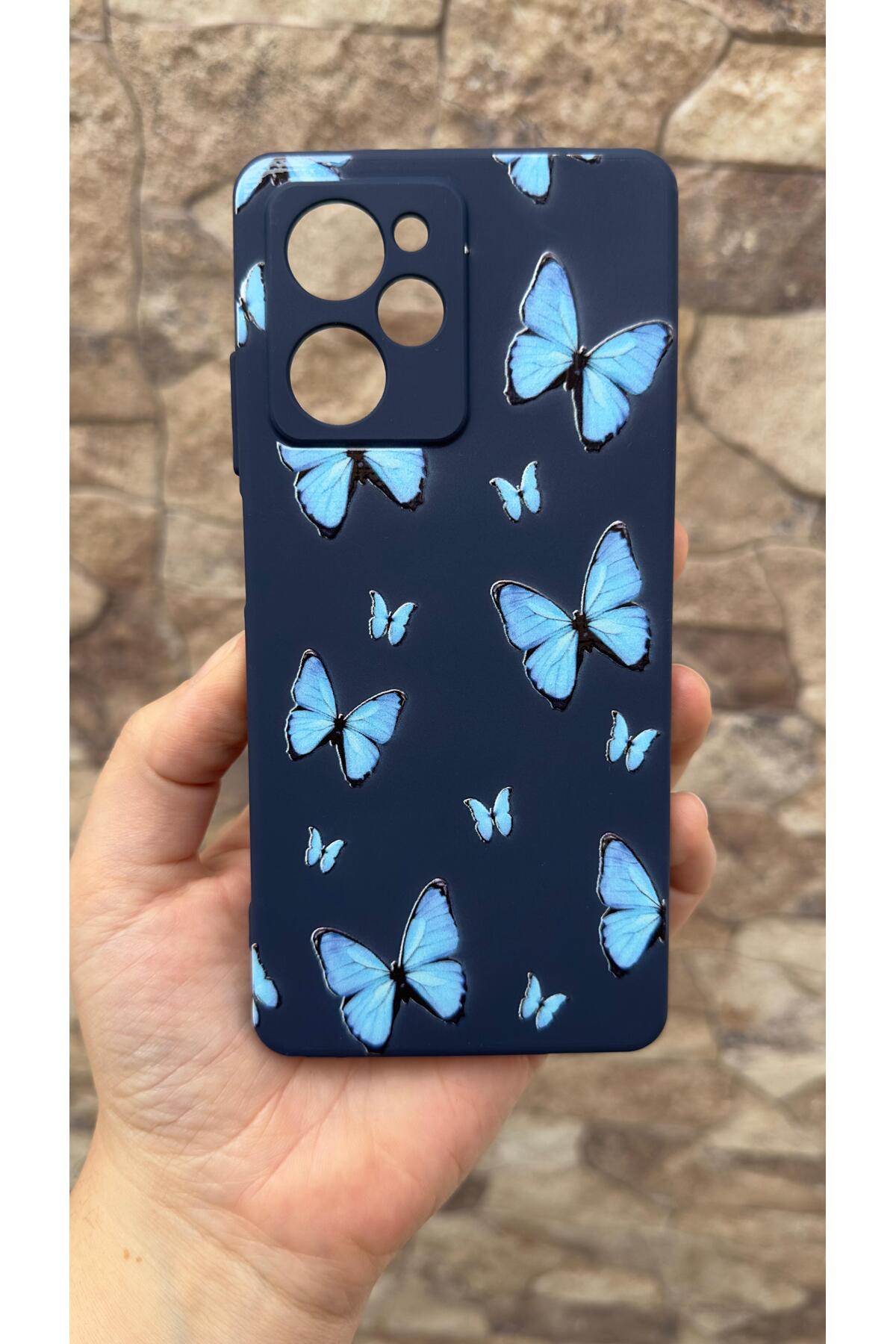 POCO X5 PRO Uyumlu Mavi Kelebek Desenli Silikon Darbe Emici Klasik Korumalı Rubber Kılıf