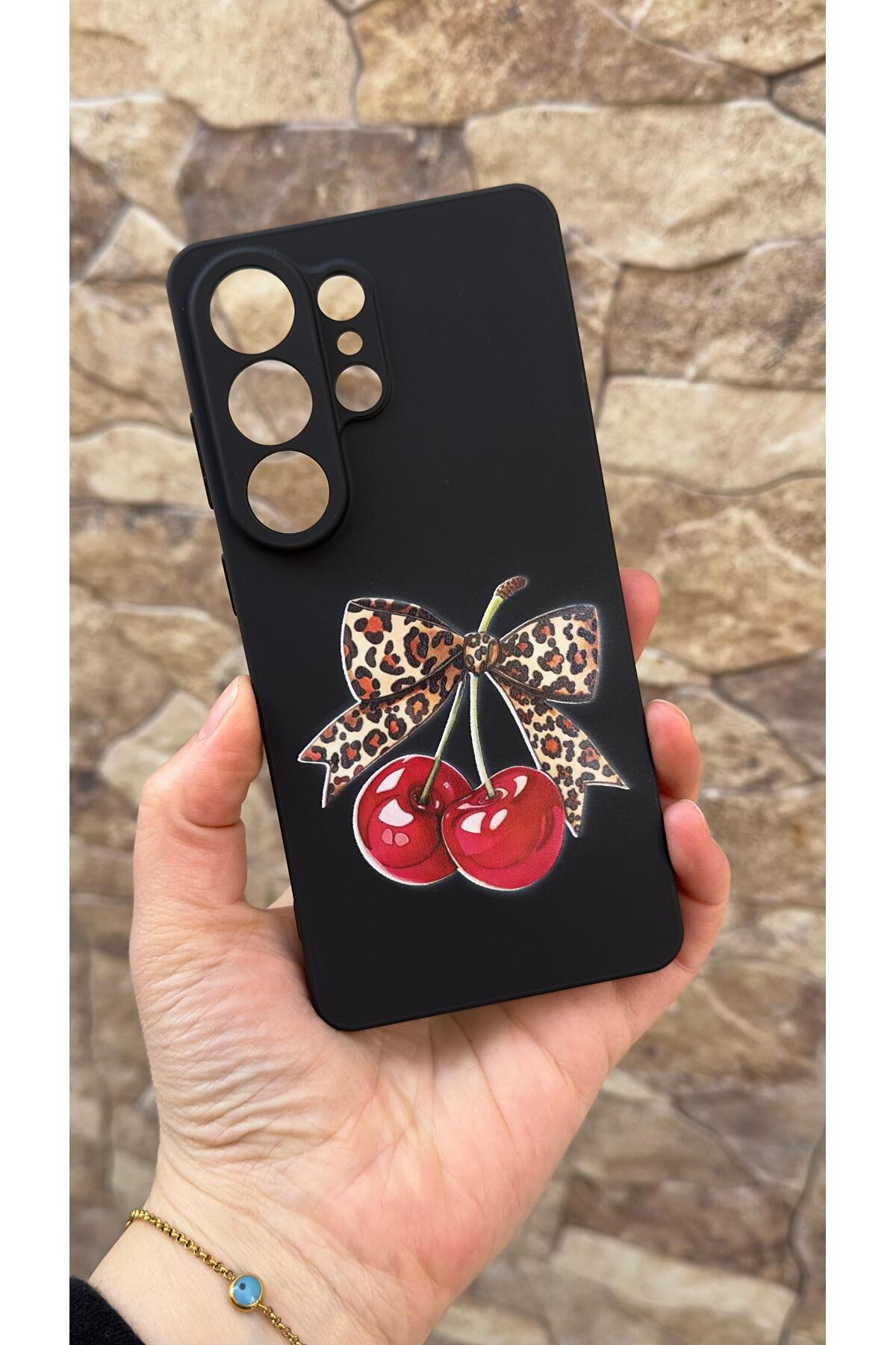 Samsung Galaxy S26 Ultra Uyumlu Kiraz Fiyonk Leopar Desenli Silikon Darbe Emici Korumalı Kılıf