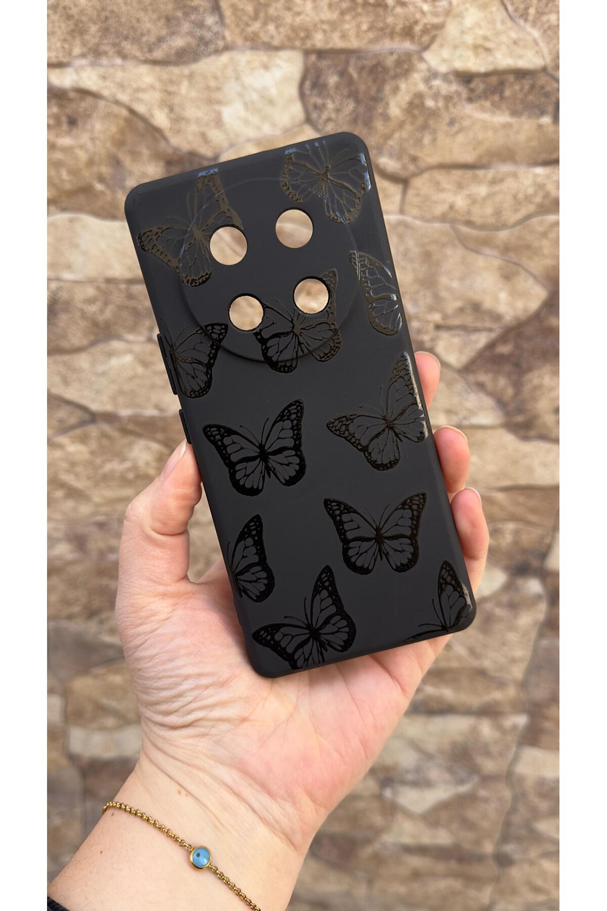 Honor Magic 7 Lite 5G Uyumlu Siyah Kelebek Desenli Silikon Darbe Emici Klasik Korumalı Rubber Kılıf