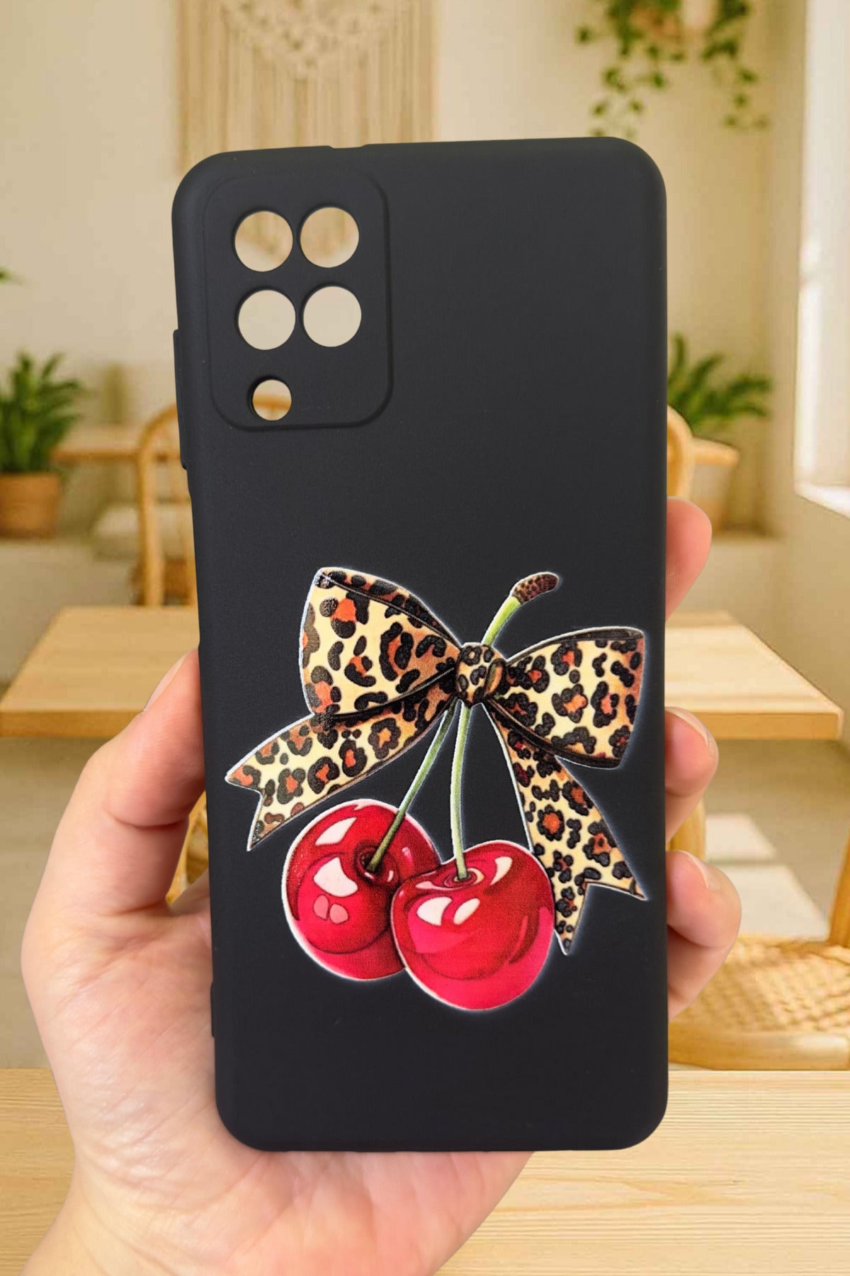 Samsung Galaxy A12 Uyumlu Kiraz Leopar Fiyonk Desenli Silikon Darbe Emici Rubber Kılıf