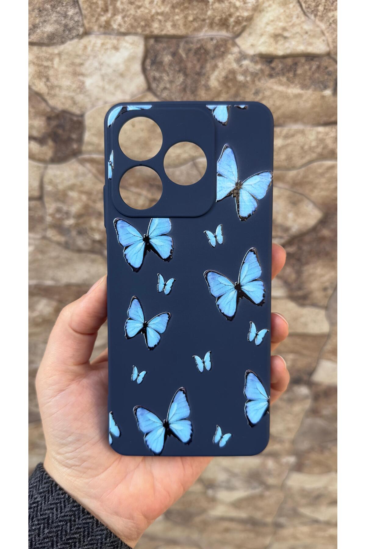 Realme C63 Uyumlu Mavi Kelebek Desenli Silikon Darbe Emici Klasik Korumalı Rubber Kılıf