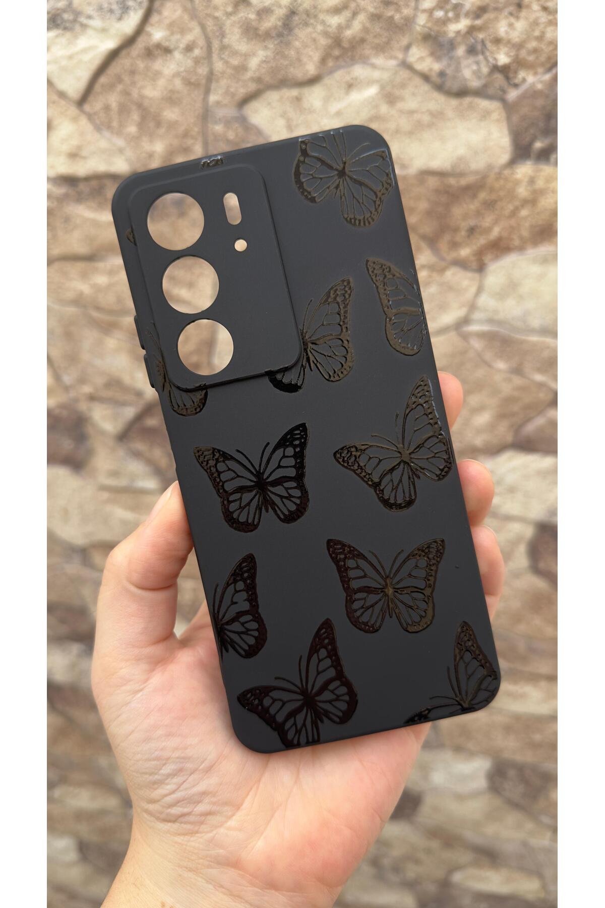 Realme C75 Uyumlu Siyah Kelebek Desenli Silikon Darbe Emici Klasik Korumalı Rubber Kılıf
