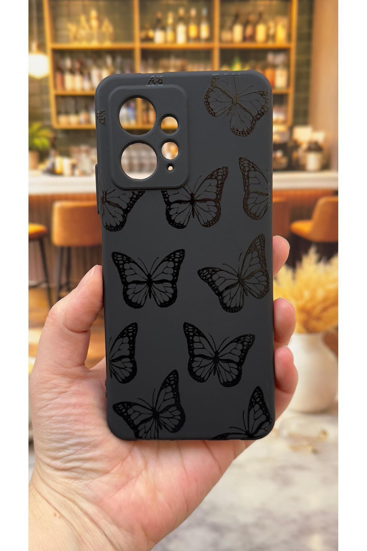 Xiaomi Redmi Note 12 Uyumlu Siyah Kelebek Desenli Silikon Darbe Emici Klasik Rubber Kılıf