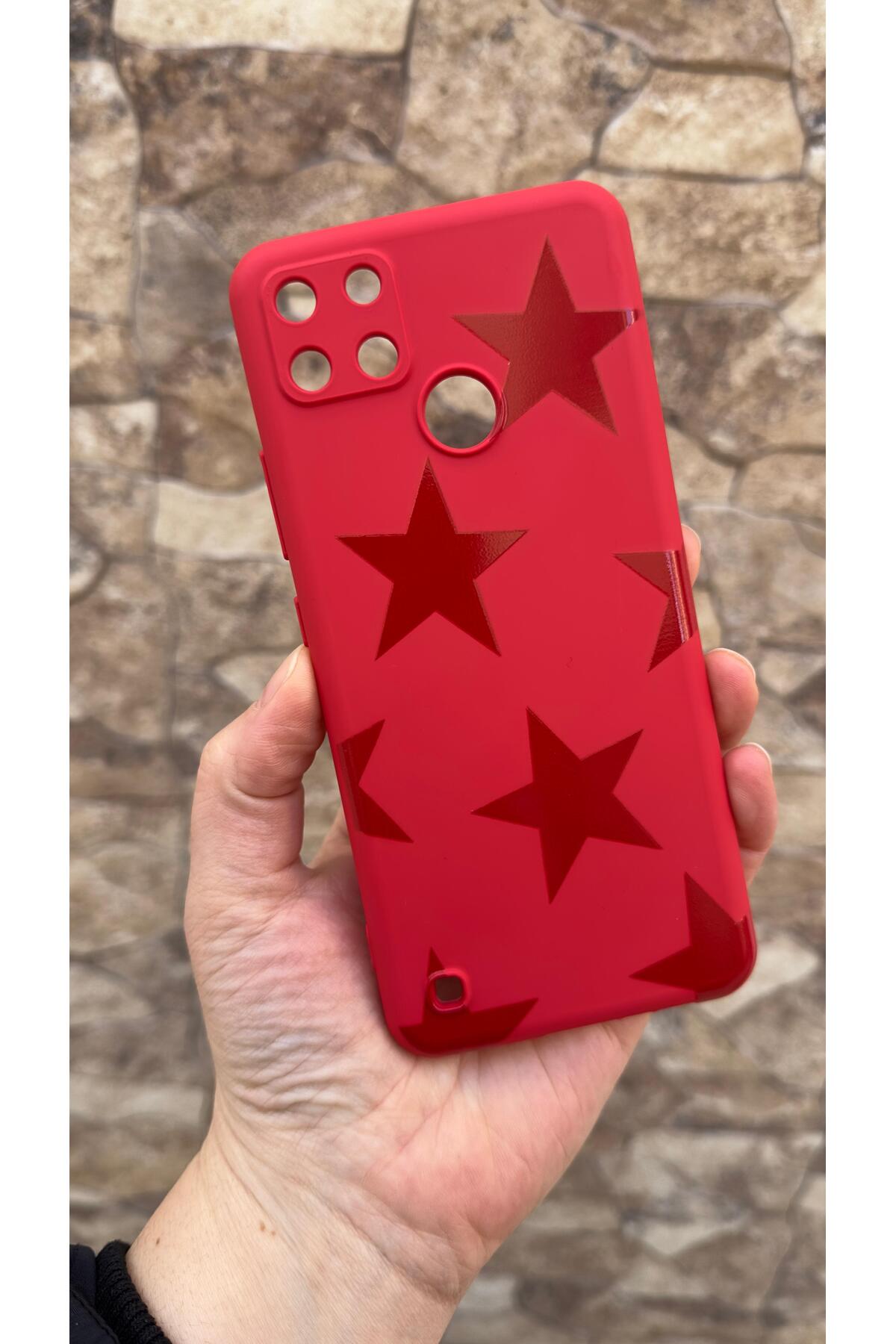 Realme C21Y Ve C25Y Uyumlu Kırmızı Star Silikon Darbe Emici Klasik Korumalı Rubber Kılıf