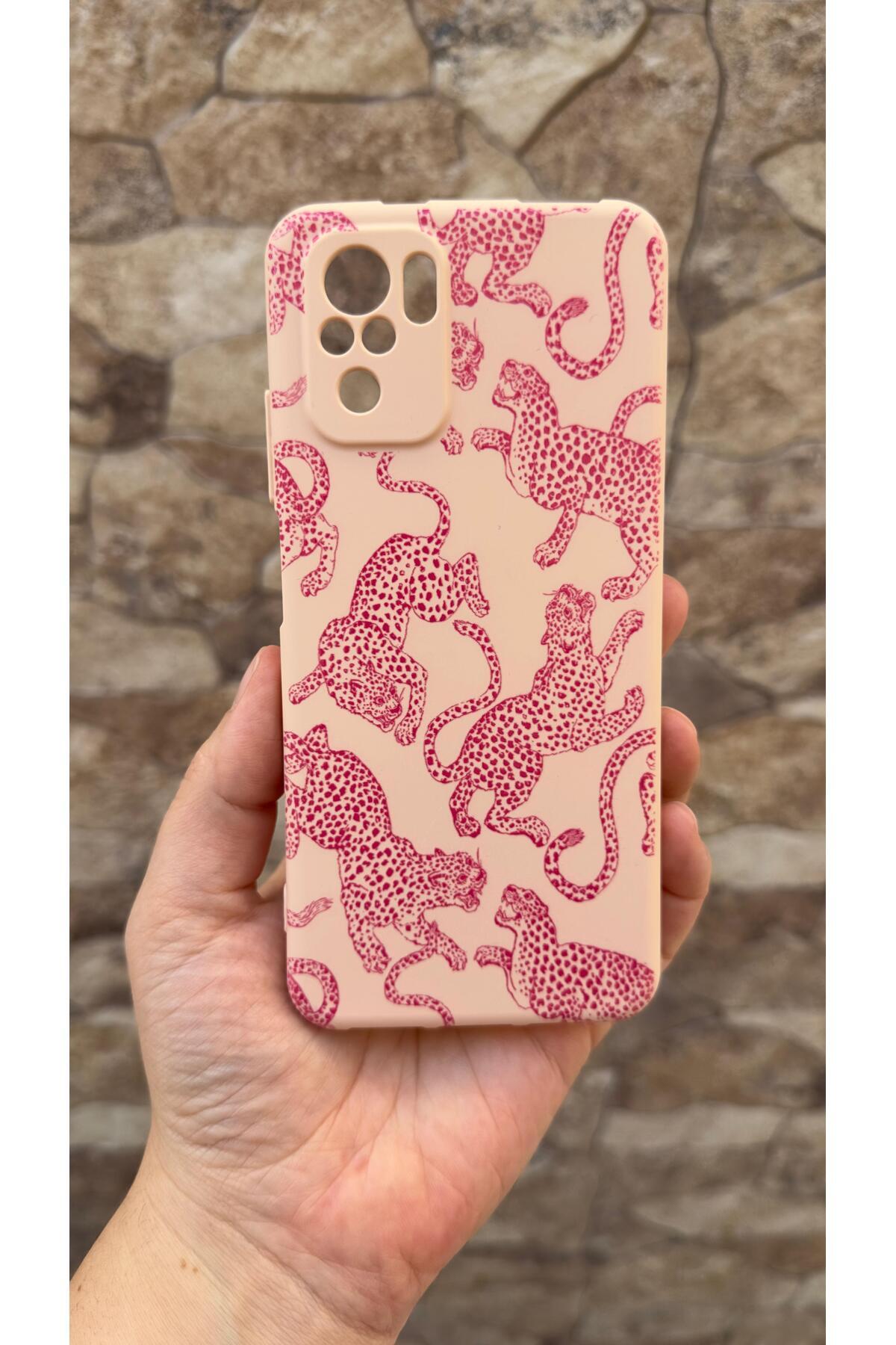 Xiaomi Redmi Note 10 ve 10S Uyumlu Pembe Leopar Desenli Silikon Darbe Emici Klasik Rubber Kılıf