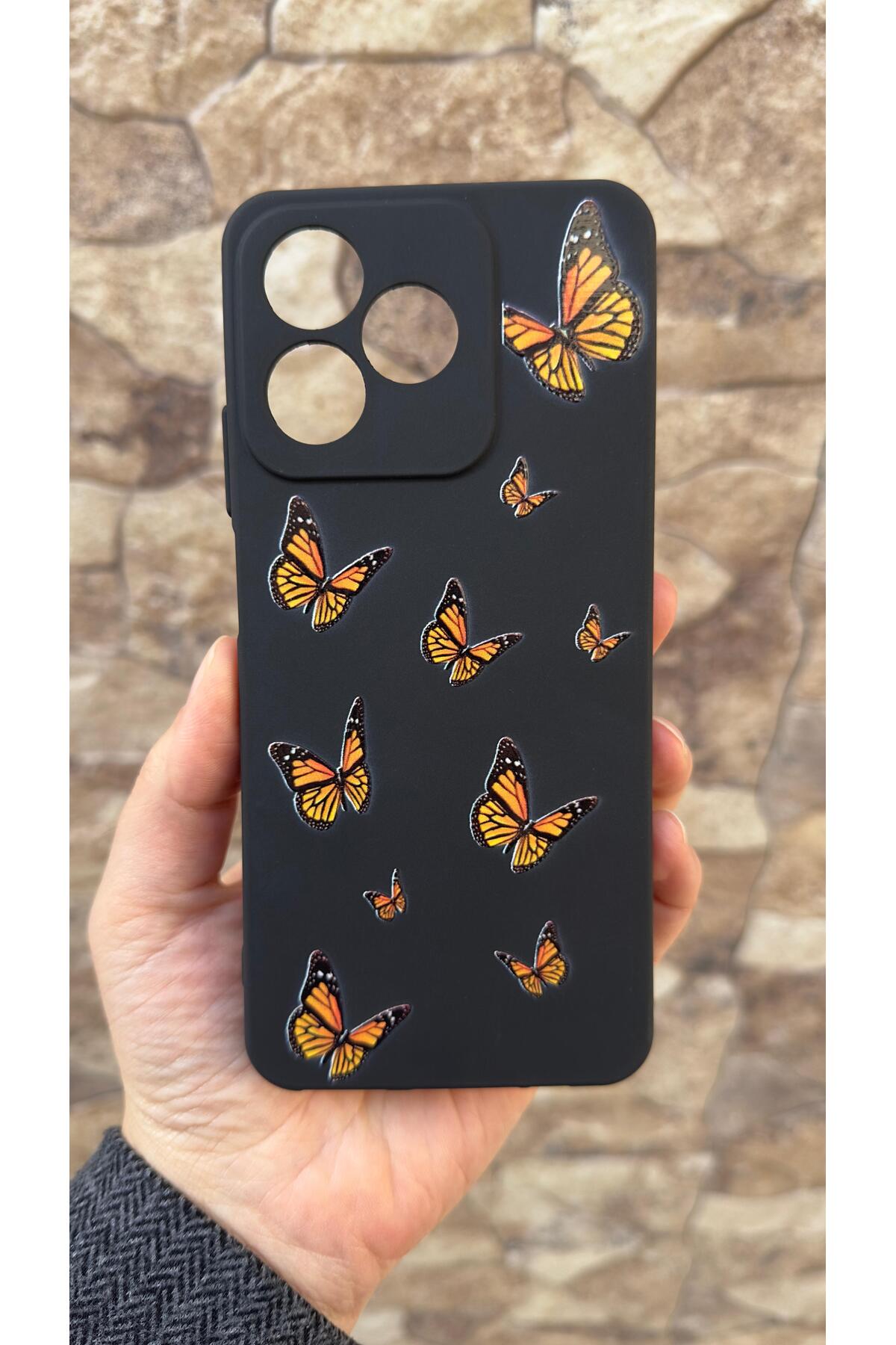 Realme C63 Uyumlu Turuncu Kelebek Desenli Silikon Darbe Emici Klasik Korumalı Rubber Kılıf