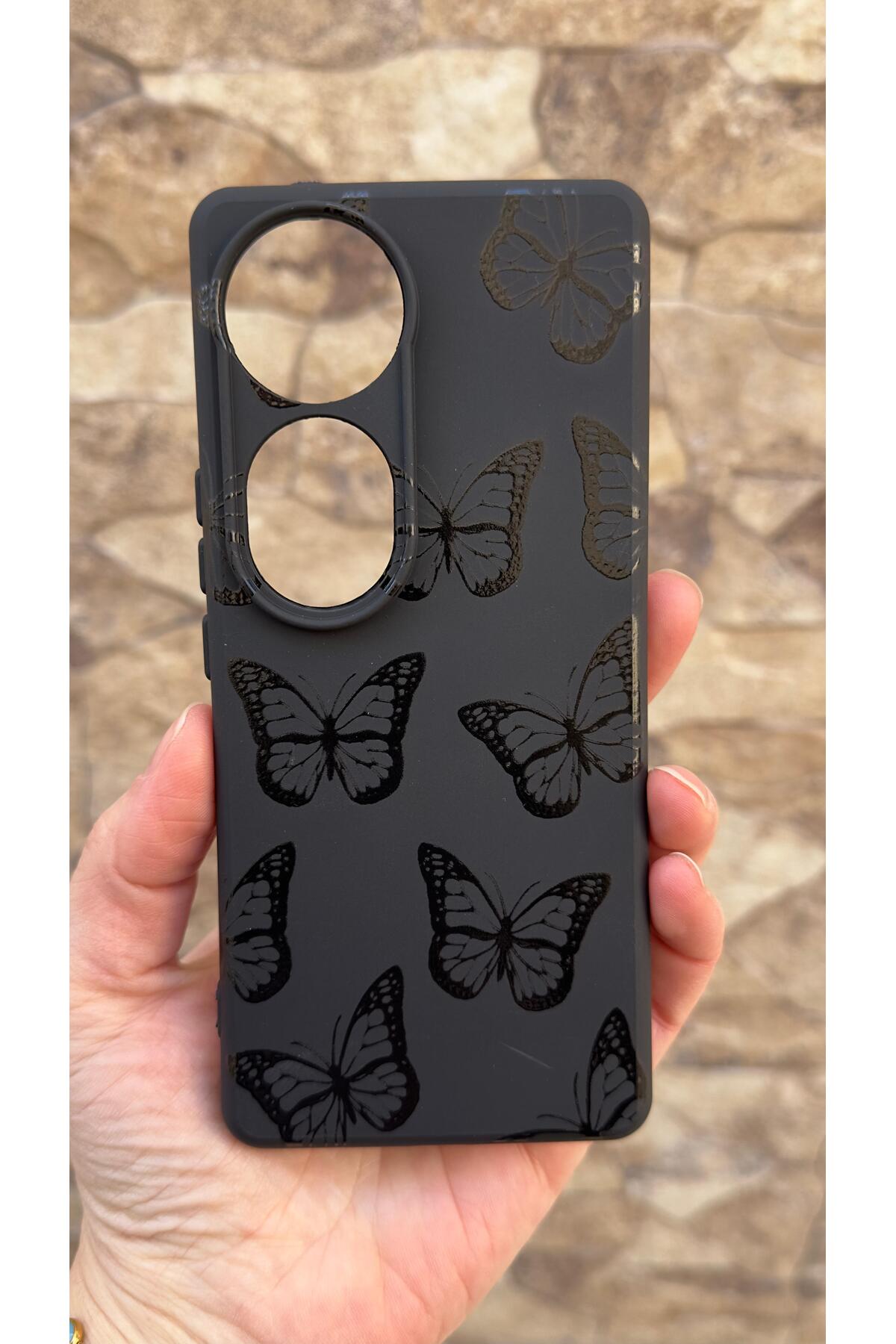 Vivo V40 Uyumlu Siyah Kelebek Desenli Silikon Darbe Emici Klasik Korumalı Rubber Kılıf