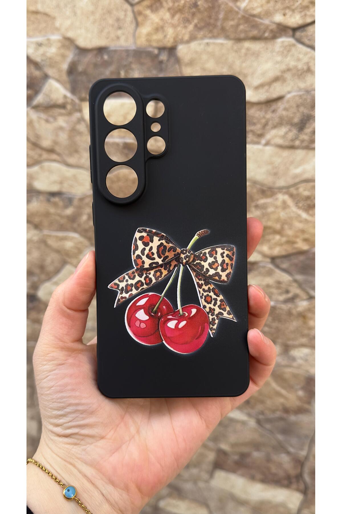 Samsung Galaxy S26 Ultra Uyumlu Kiraz Fiyonk Leopar Desenli Silikon Darbe Emici Korumalı Kılıf