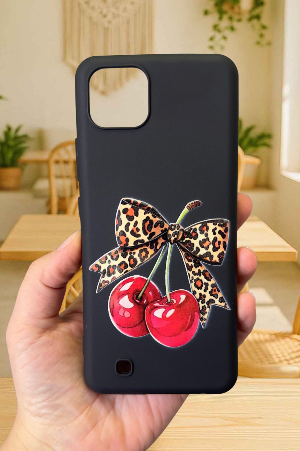 Realme C11 Uyumlu Kiraz Leopar Fiyonk Desenli Silikon Darbe Emici Klasik Korumalı Rubber Kılıf