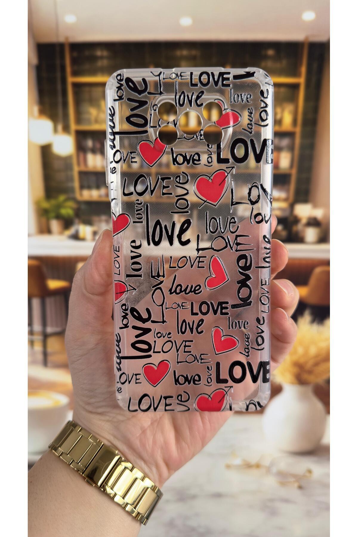 Poco X3 Uyumlu Love Yazı Desenli Şeffaf Darbe Emici Kamera Korumalı Clear Kılıf