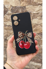 Tecno Spark Go2 Uyumlu Kiraz Fiyonk Leopar Desenli Silikon Darbe Emici Klasik Korumalı Rubber Kılıf