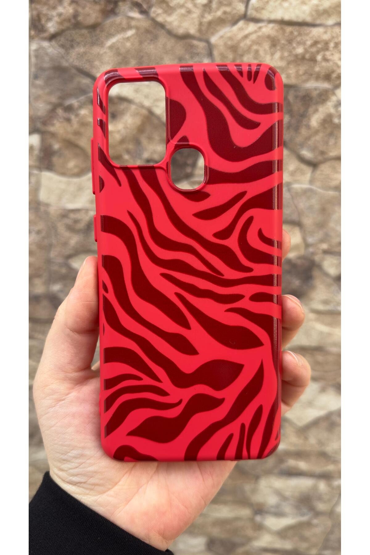 Samsung Galaxy A21s Uyumlu Kırmızı Zebra Desenli Silikon Darbe Emici Klasik Korumalı Rubber Kılıf