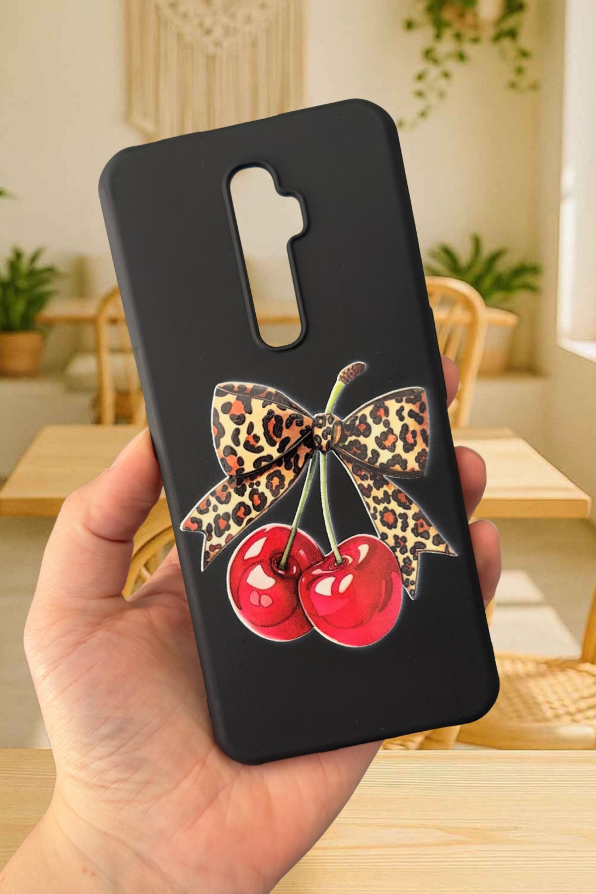 OPPO RENO 2Z Uyumlu Kiraz Leopar Fiyonk Desenli Silikon Darbe Emici Klasik Korumalı Rubber Kılıf