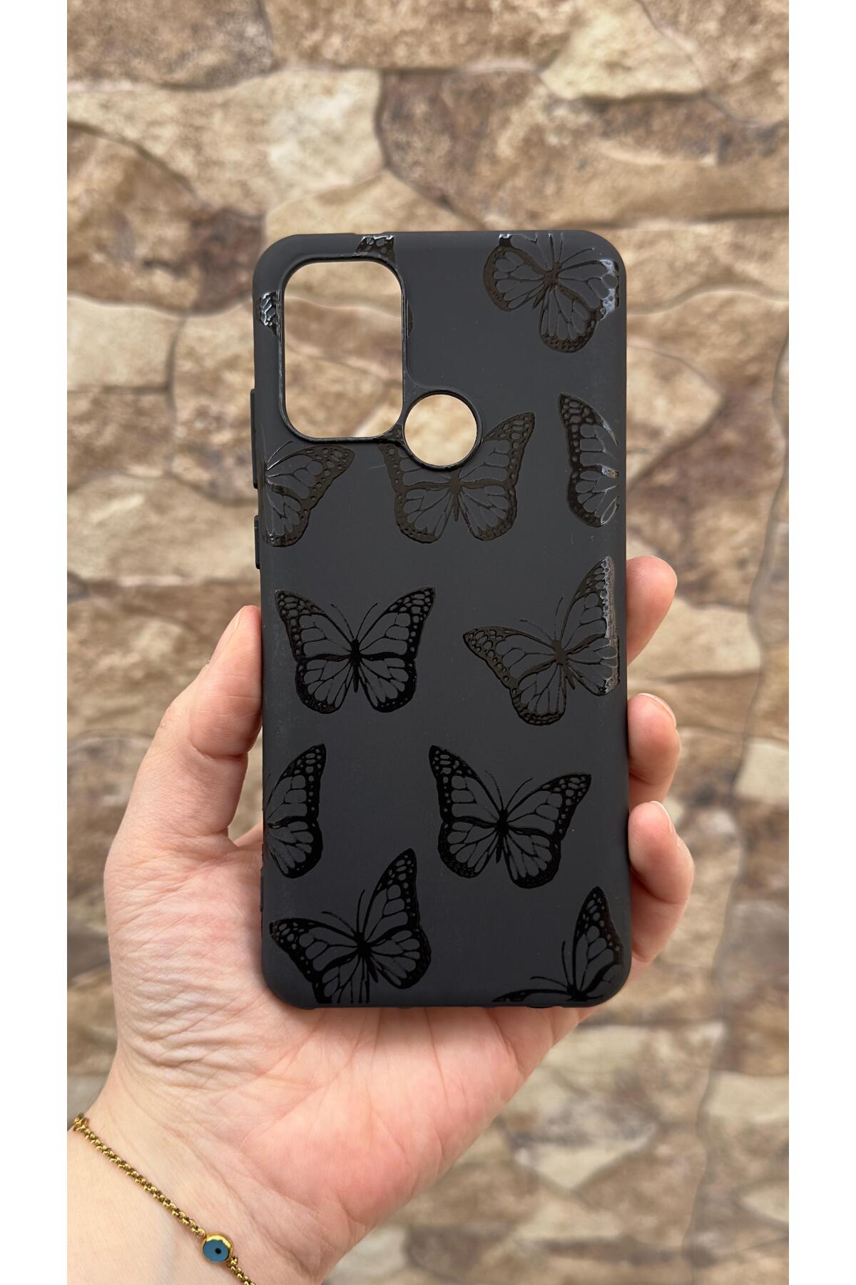 Casper Via F20 Uyumlu Siyah Kelebek Desenli Silikon Darbe Emici Klasik Korumalı Rubber Kılıf