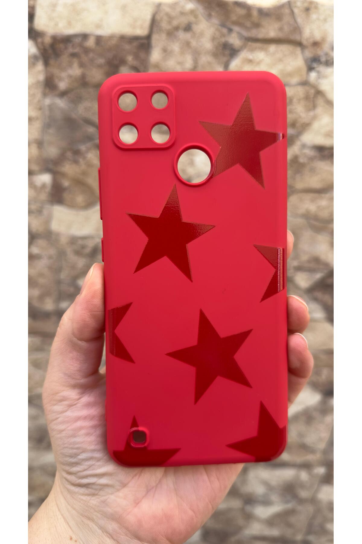 Realme C21Y Ve C25Y Uyumlu Kırmızı Star Silikon Darbe Emici Klasik Korumalı Rubber Kılıf