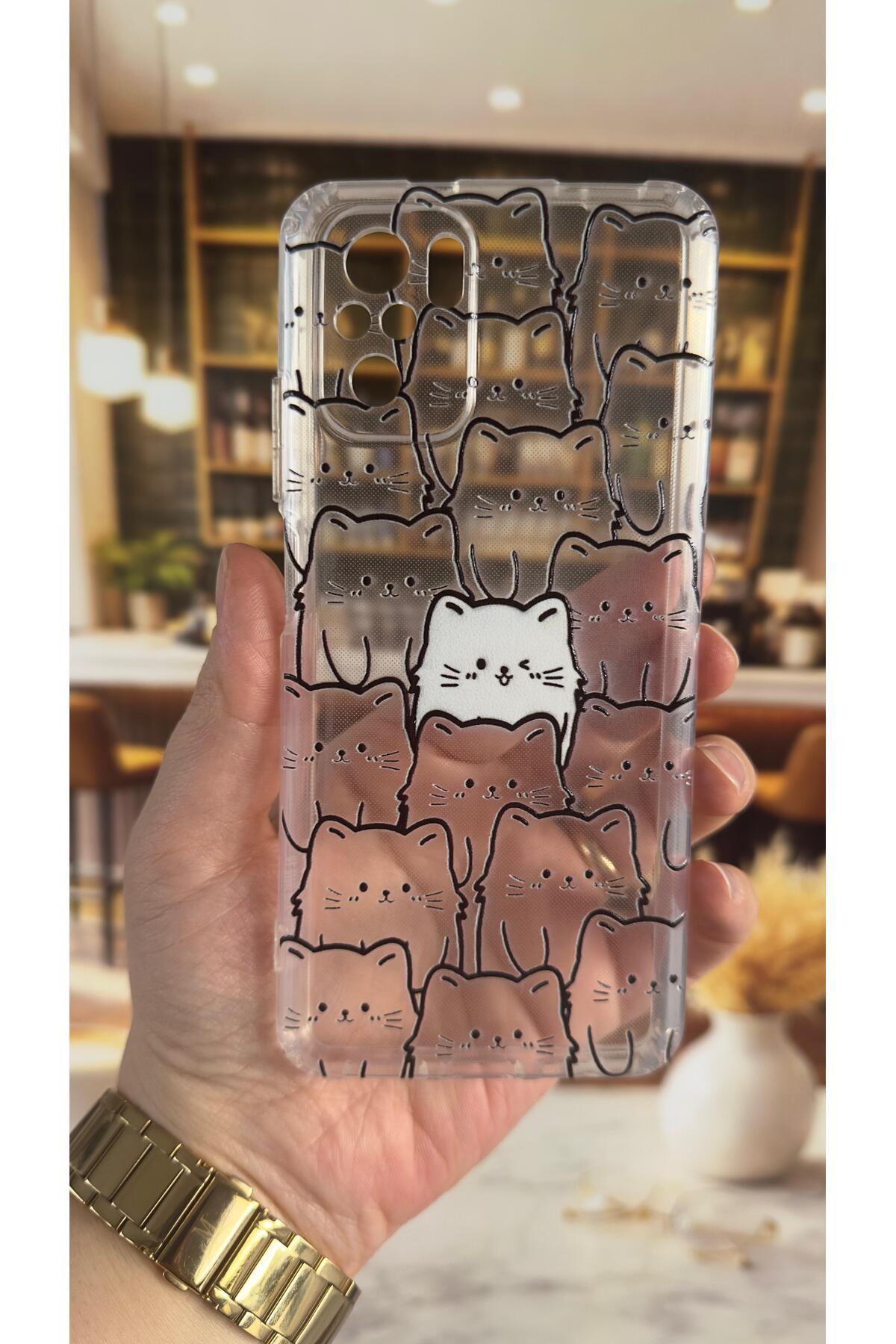 Redmi Note 10 Uyumlu Manycat Desenli Şeffaf Darbe Emici Kamera Korumalı Clear Kılıf