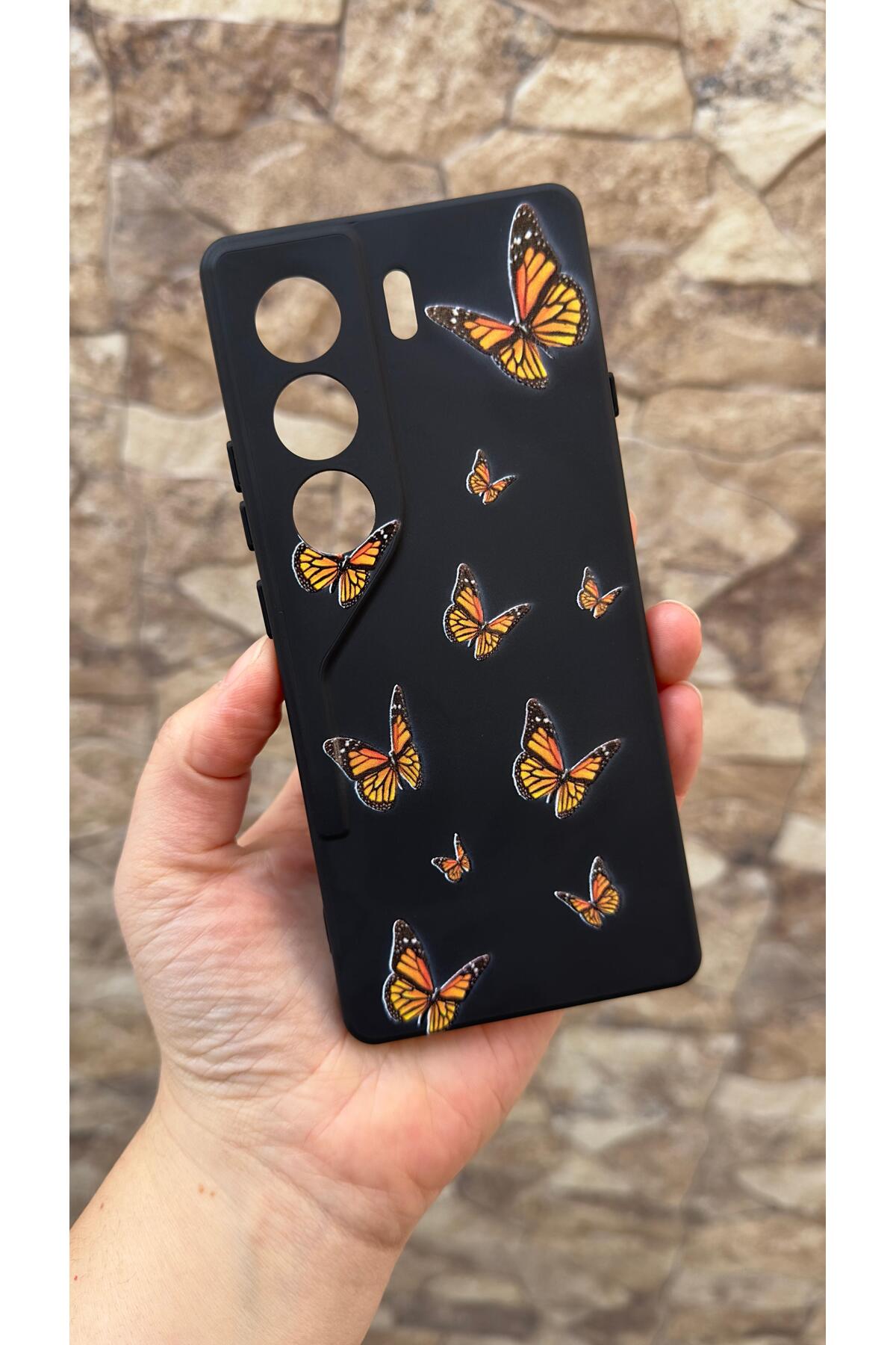 Tecno Camon 40 Uyumlu Turuncu Kelebek Desenli Silikon Darbe Emici Klasik Korumalı Rubber Kılıf
