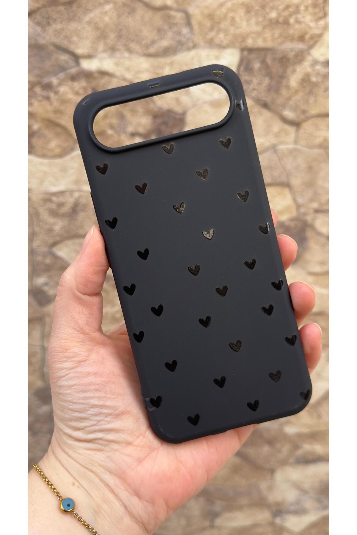 Tecno Spark Slim Uyumlu Mini Siyah Kalp Desenli Silikon Darbe Emici Klasik Korumalı Rubber Kılıf