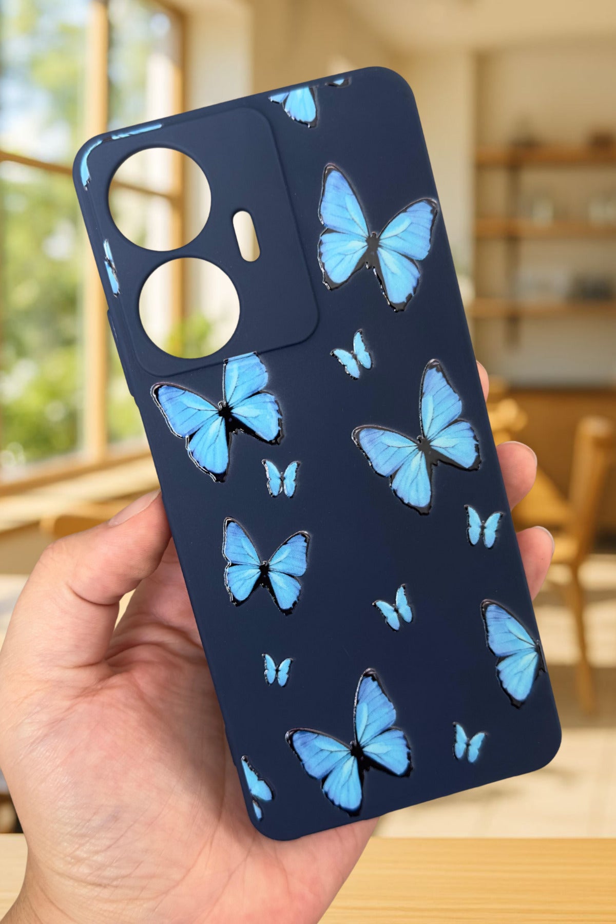 Realme C55 Uyumlu Mavi Kelebek Desenli Silikon Darbe Emici Klasik Korumalı Rubber Kılıf