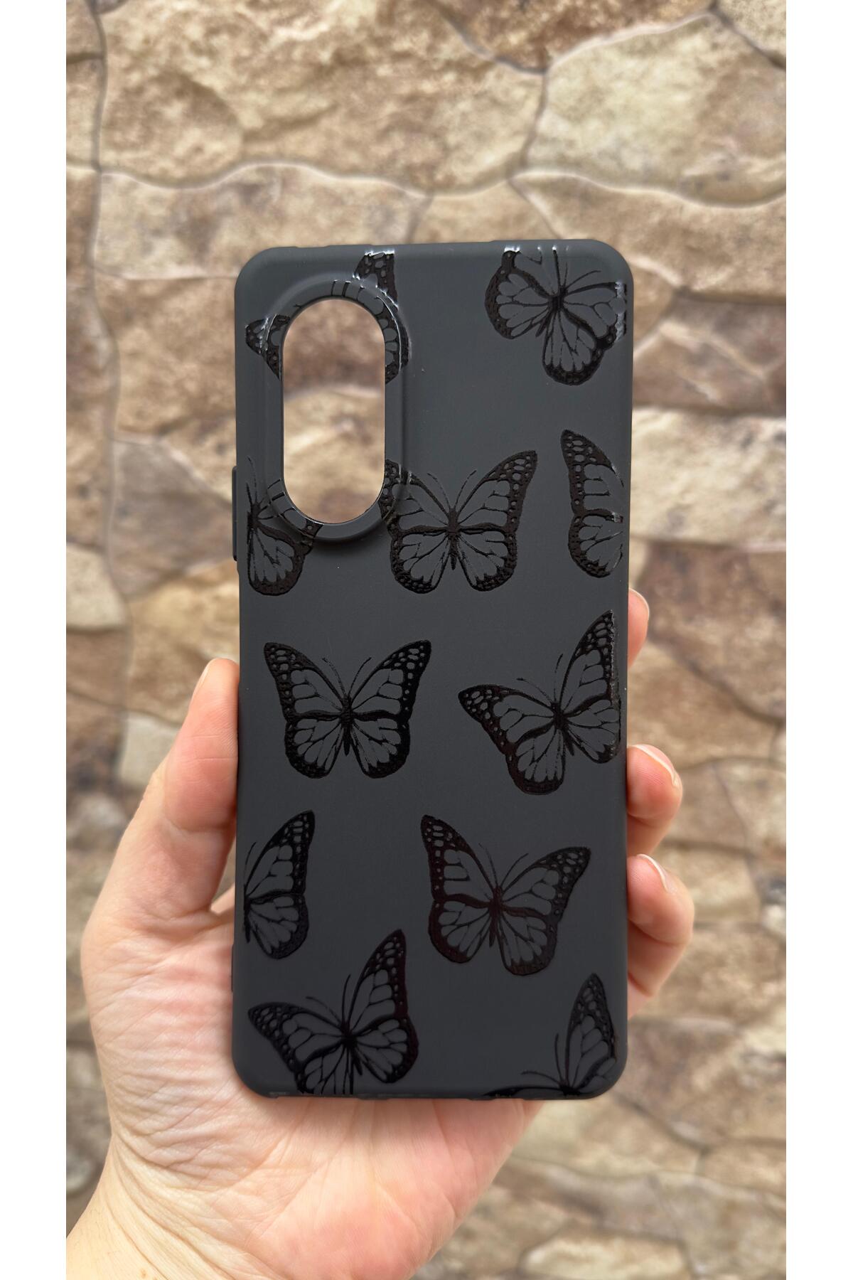 Huawei Nova 9 Se Uyumlu Siyah Kelebek Desenli Silikon Darbe Emici Klasik Korumalı Klasik Kılıf