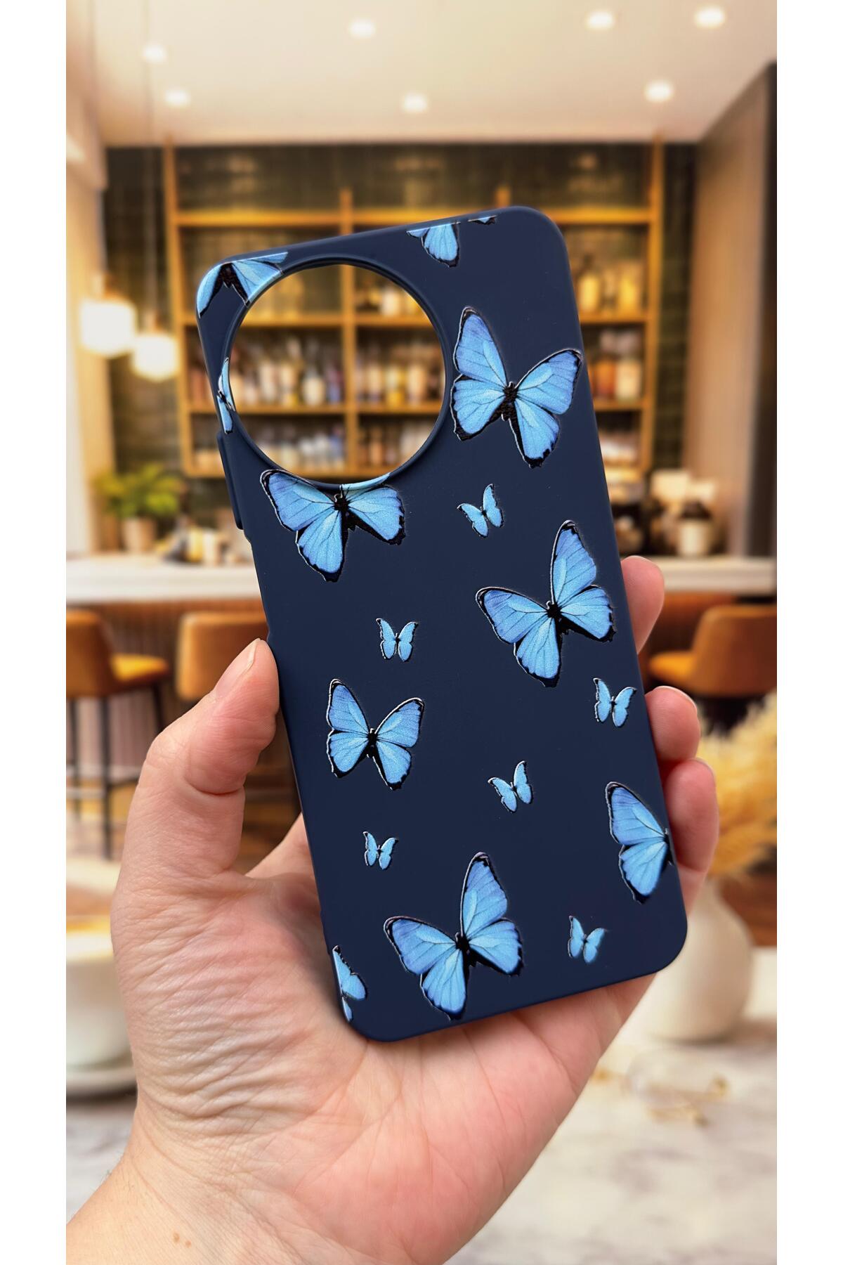 Realme 11 Uyumlu Mavi Kelebek Desenli Silikon Darbe Emici Klasik Korumalı Rubber Kılıf