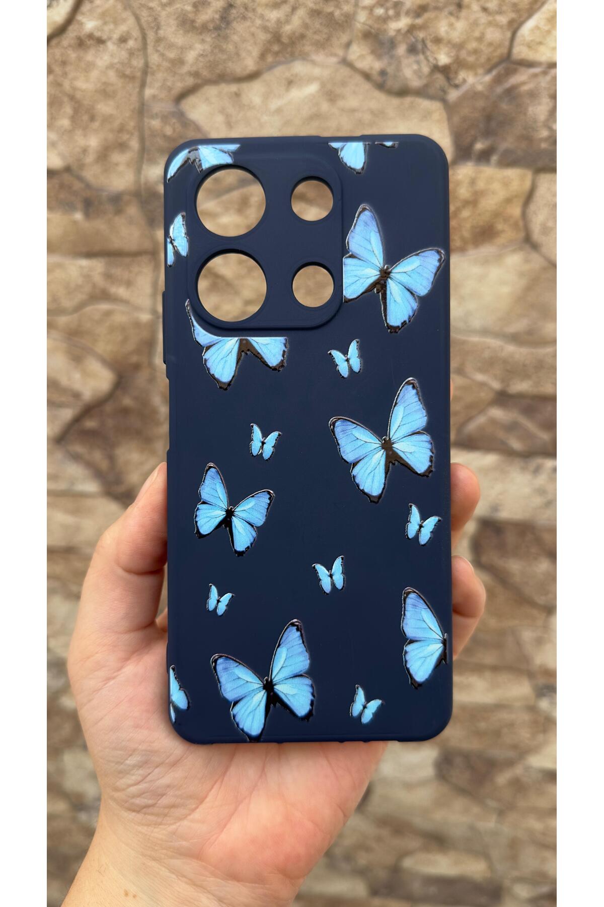 İNFİNİX NOTE 30 Uyumlu Mavi Kelebek Desenli Silikon Darbe Emici Klasik Korumalı Rubber Kılıf