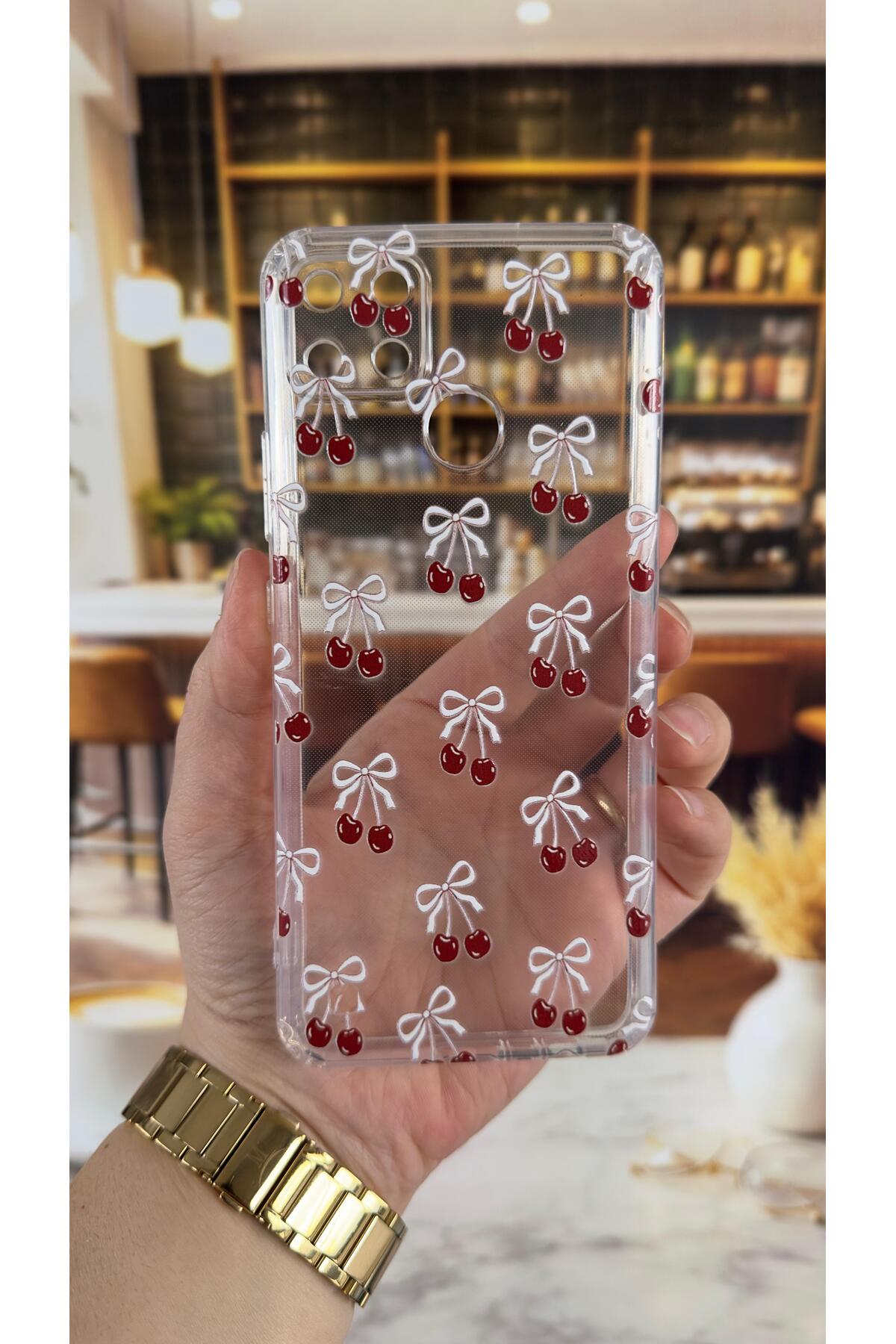 Realme C21Y Uyumlu Kiraz Desenli Şeffaf Darbe Emici Kamera Korumalı Clear Kılıf