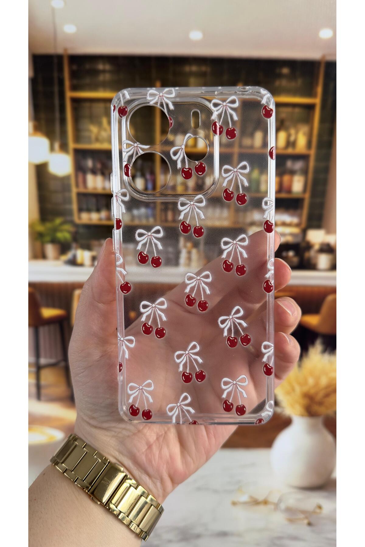 Redmi Note 14 Uyumlu Kiraz Desenli Şeffaf Darbe Emici Kamera Korumalı Clear Kılıf