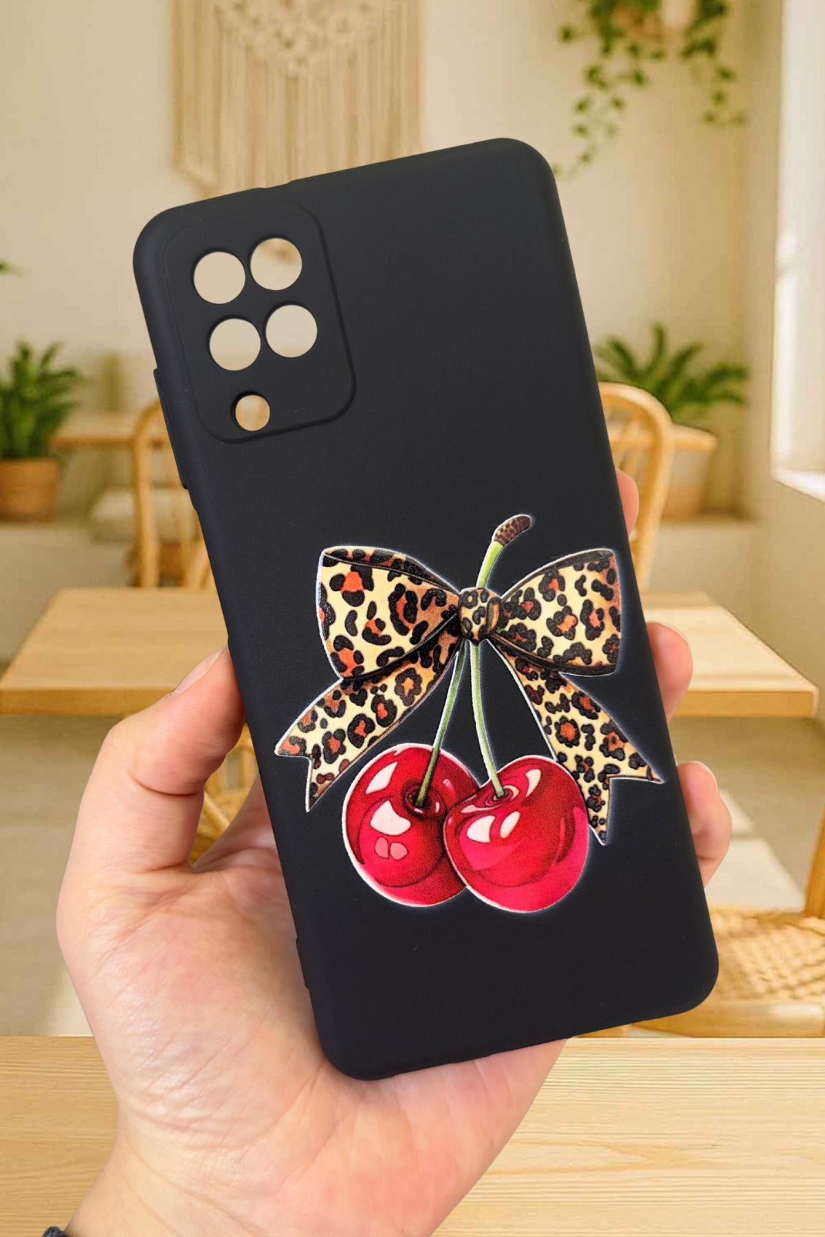 Samsung Galaxy A12 Uyumlu Kiraz Leopar Fiyonk Desenli Silikon Darbe Emici Rubber Kılıf