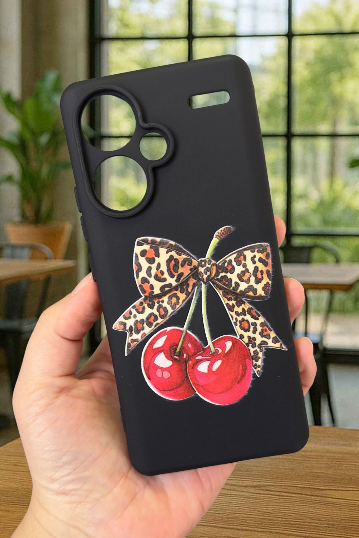 Redmi Note 13 Pro Plus Kiraz Leopar Fiyonk Desenli Silikon Darbe Emici Rubber Kılıf