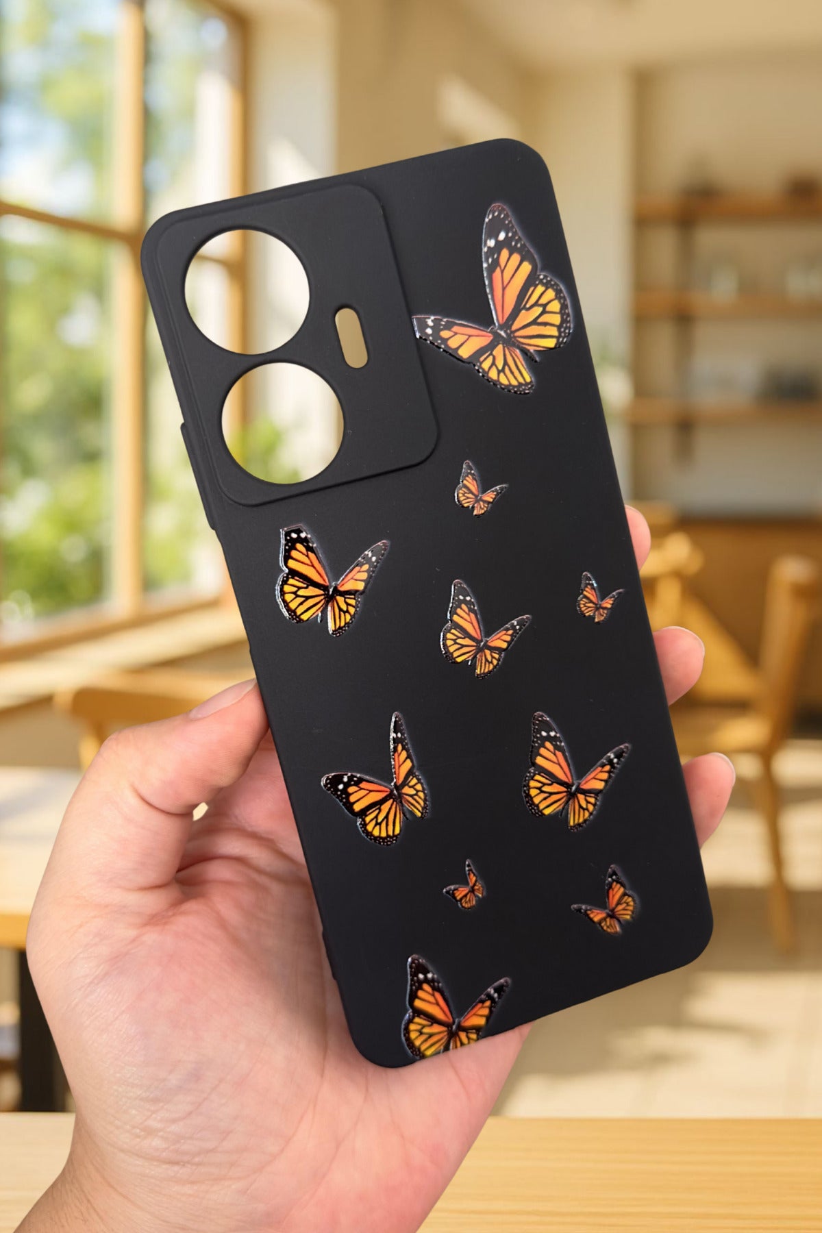 Realme C55 Uyumlu Turuncu Kelebek Desenli Silikon Darbe Emici Klasik Korumalı Rubber Kılıf