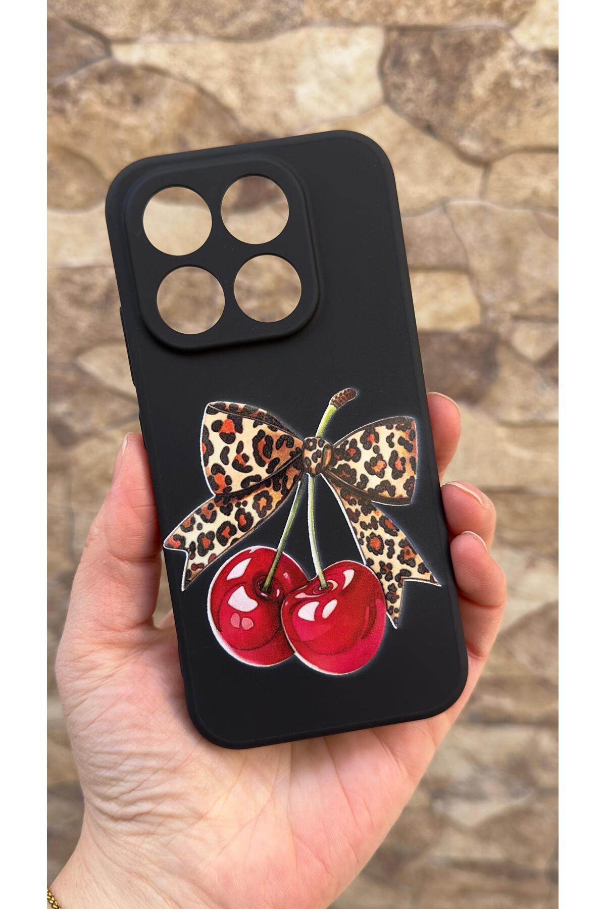 MI 17 5G Uyumlu Kiraz Fiyonk Leopar Desenli Silikon Darbe Emici Klasik Korumalı Rubber Kılıf