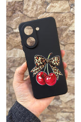 Redmi A5 Uyumlu Kirazlı Leopar Fiyonk Desenli Silikon Darbe Emici Klasik Korumalı Rubber Kılıf