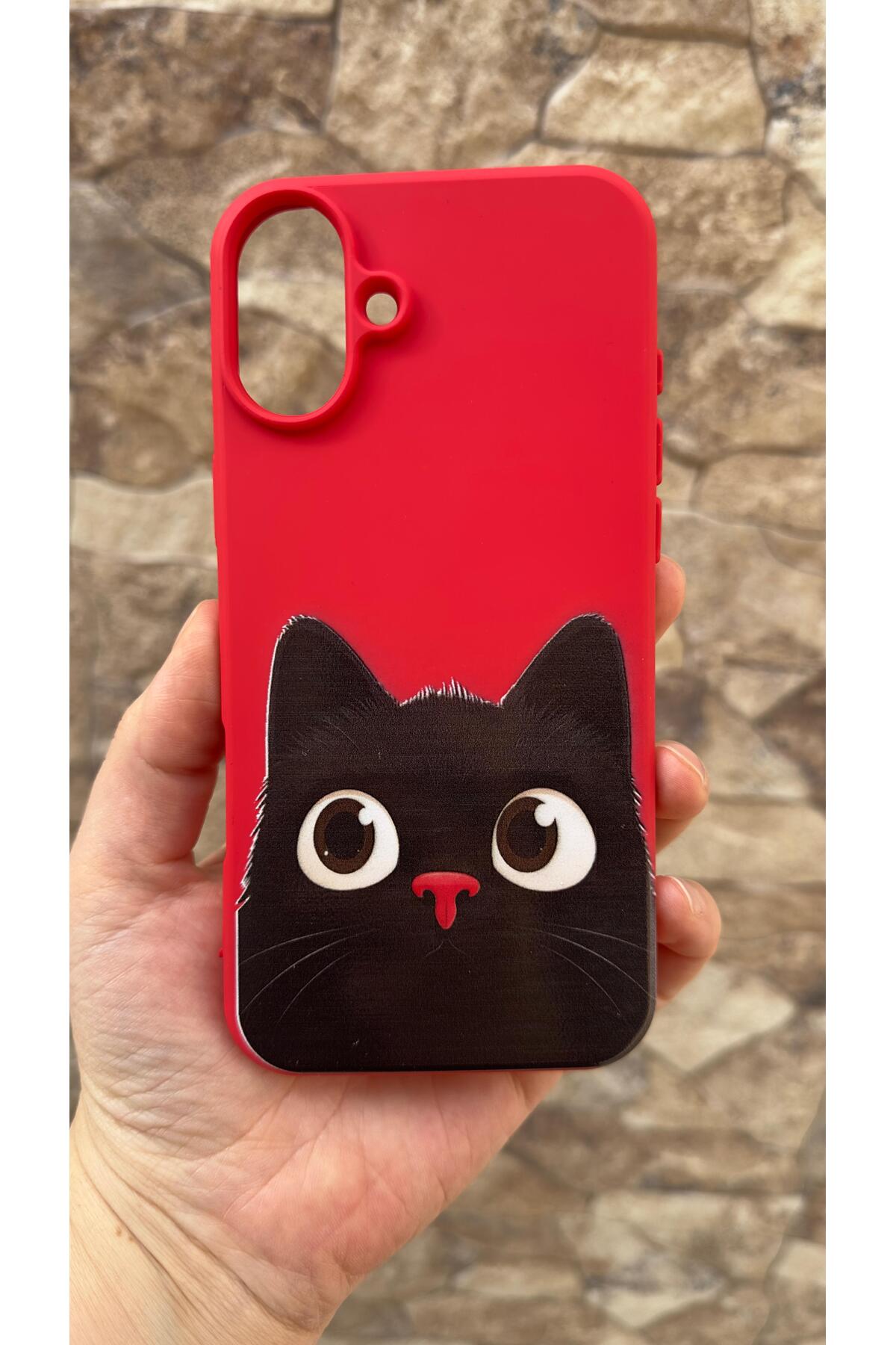 iPhone 16 Uyumlu Sevimli Siyah Kedi Desenli Silikon Darbe Emici Klasik Korumalı Rubber Kılıf
