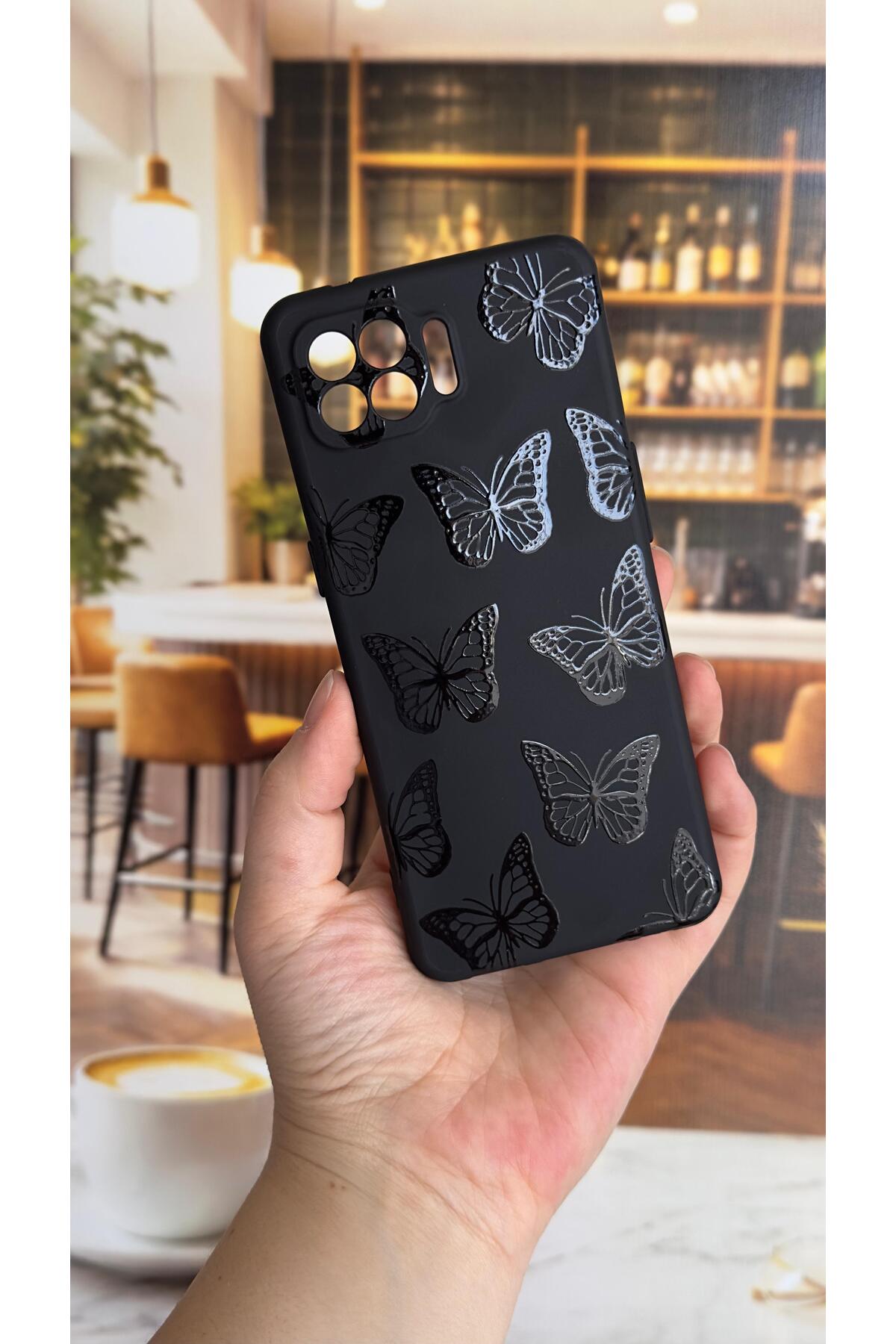 OPPO Reno 4 Lite Uyumlu Siyah Kelebek Desenli Silikon Darbe Emici Klasik Korumalı Rubber Kılıf
