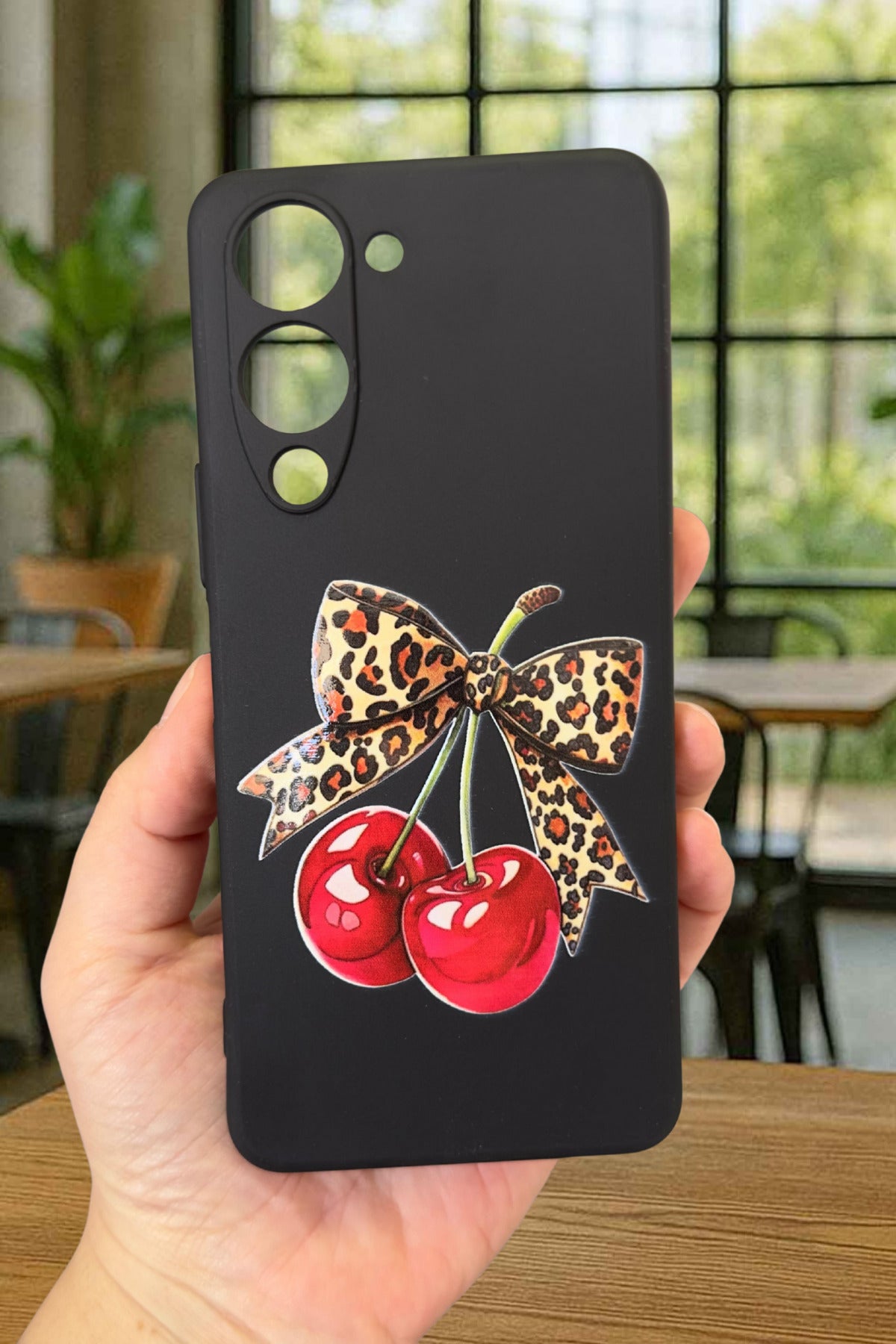 VİVO Y19 Uyumlu Kiraz Leopar Fiyonk Desenli Silikon Darbe Emici Klasik Korumalı Rubber Kılıf