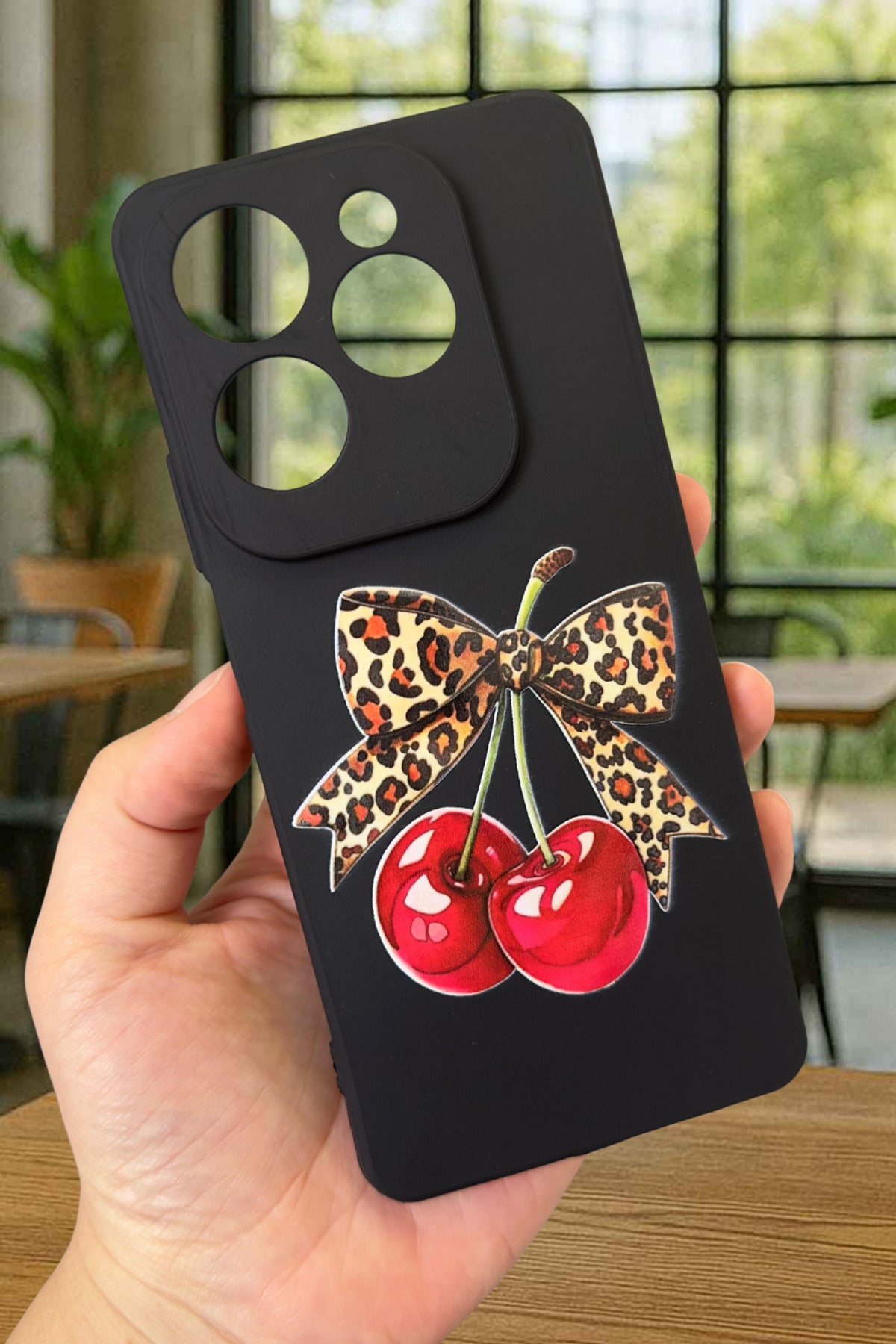 İNFİNİX HOT 40 Uyumlu Kiraz Leopar Fiyonk Desenli Silikon Darbe Emici Klasik Rubber Kılıf