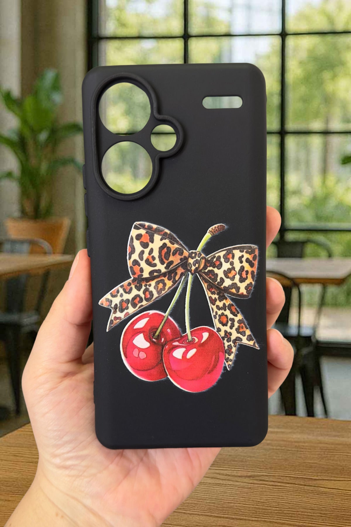 Redmi Note 13 Pro Plus Kiraz Leopar Fiyonk Desenli Silikon Darbe Emici Rubber Kılıf