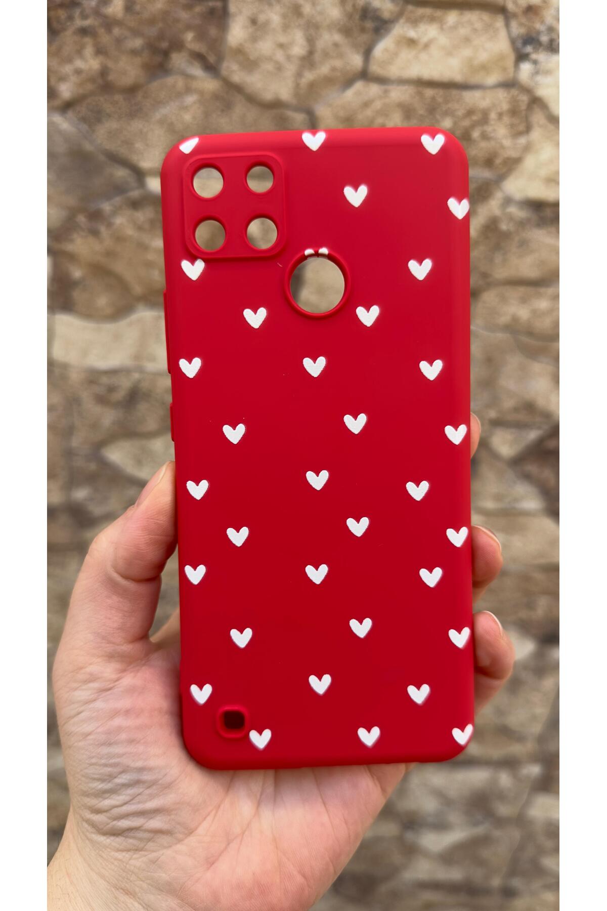 Realme C21Y Ve C25Y Uyumlu Mini Beyaz Kalp Desenli Silikon Darbe Emici Klasik Korumalı Rubber Kılıf