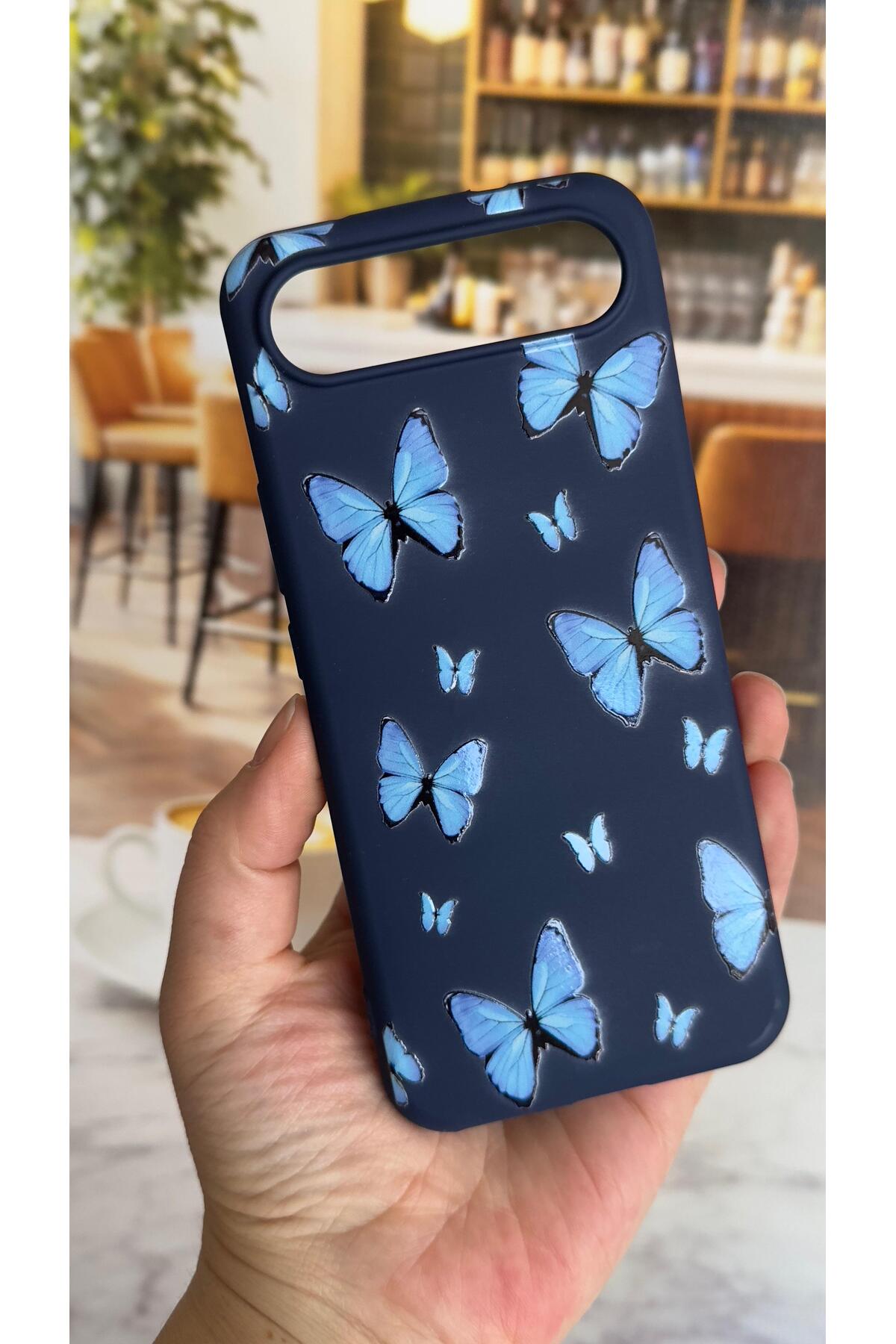 Tecno Spark Slim 5G Uyumlu Mavi Kelebek Desenli Silikon Darbe Emici Klasik Korumalı Rubber Kılıf