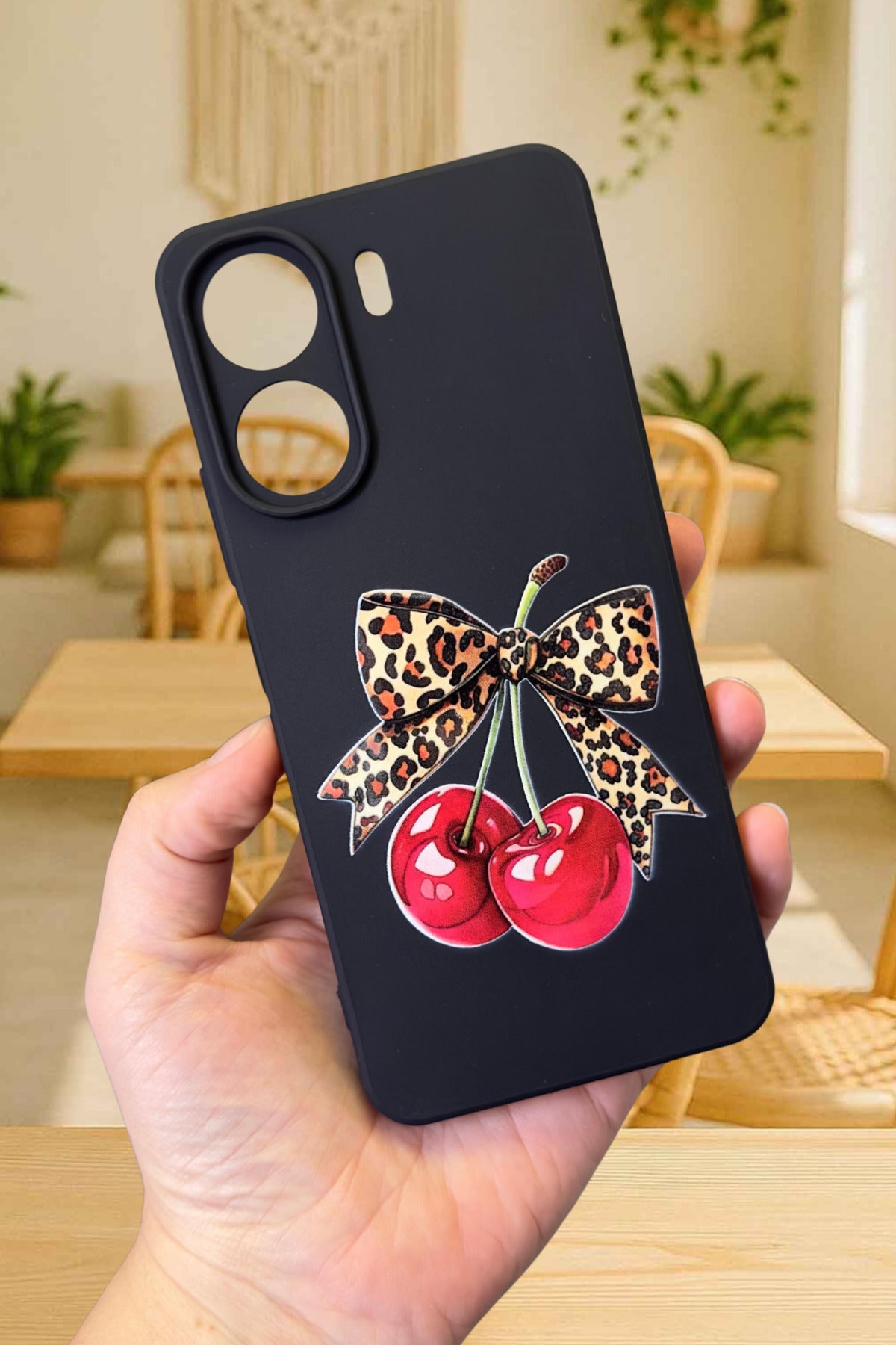 REDMİ 13C Uyumlu Kiraz Leopar Fiyonk Desenli Lansman Kamera Korumalı Yumuşak Silikon RUBBER Kılıf