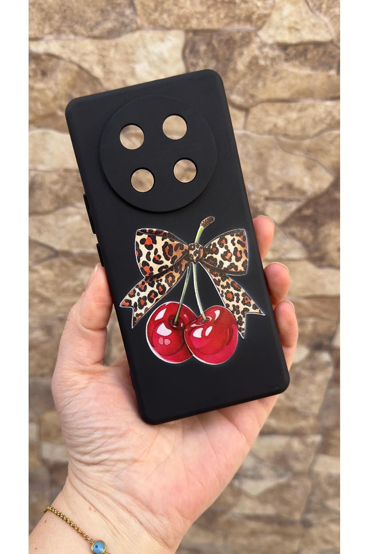 Honor Magic 7 Lite 5G Uyumlu Kiraz Fiyonk Leopar Desenli Silikon Darbe Emici Klasik Korumalı Kılıf