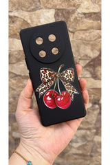 Honor Magic 7 Lite 5G Uyumlu Kiraz Fiyonk Leopar Desenli Silikon Darbe Emici Klasik Korumalı Kılıf