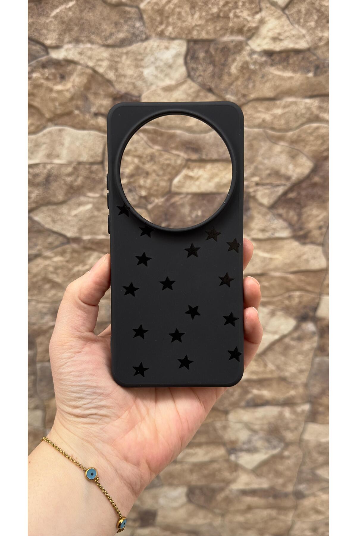 Mİ 15 Ultra Uyumlu Mini Siyah Yıldız Desenli Silikon Darbe Emici Klasik Korumalı Rubber Kılıf