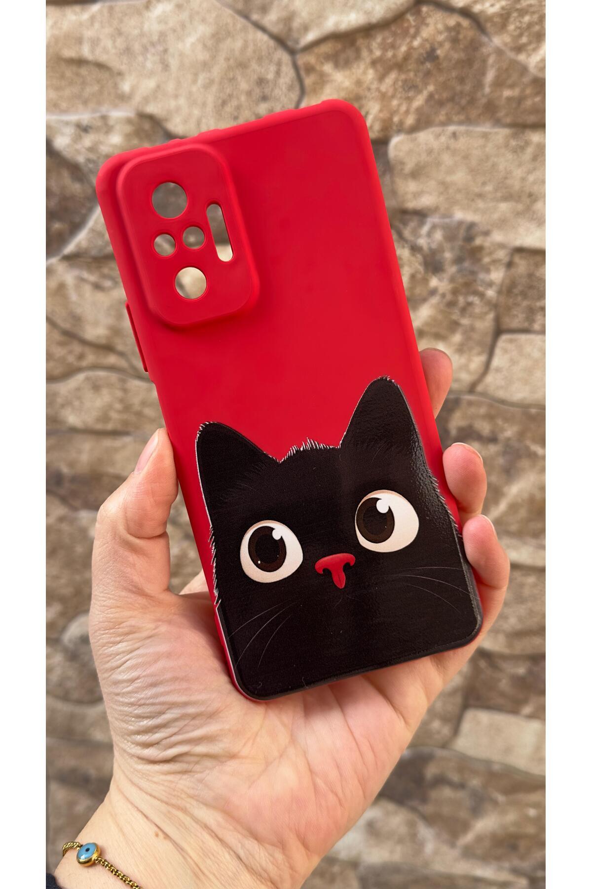 Redmi Note 10 Pro Uyumlu Sevimli Siyah Kedi Desenli Silikon Darbe Emici Klasik Korumalı Rubber Kılıf