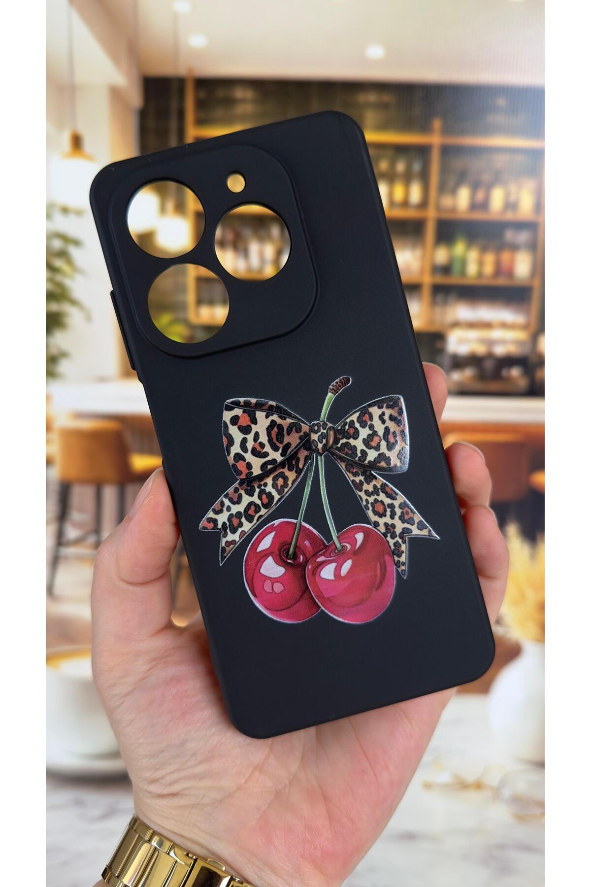 Tecno Spark 20/20C Uyumlu Kiraz Fiyonk Leopar Desenli Silikon Darbe Emici Klasik Rubber Kılıf