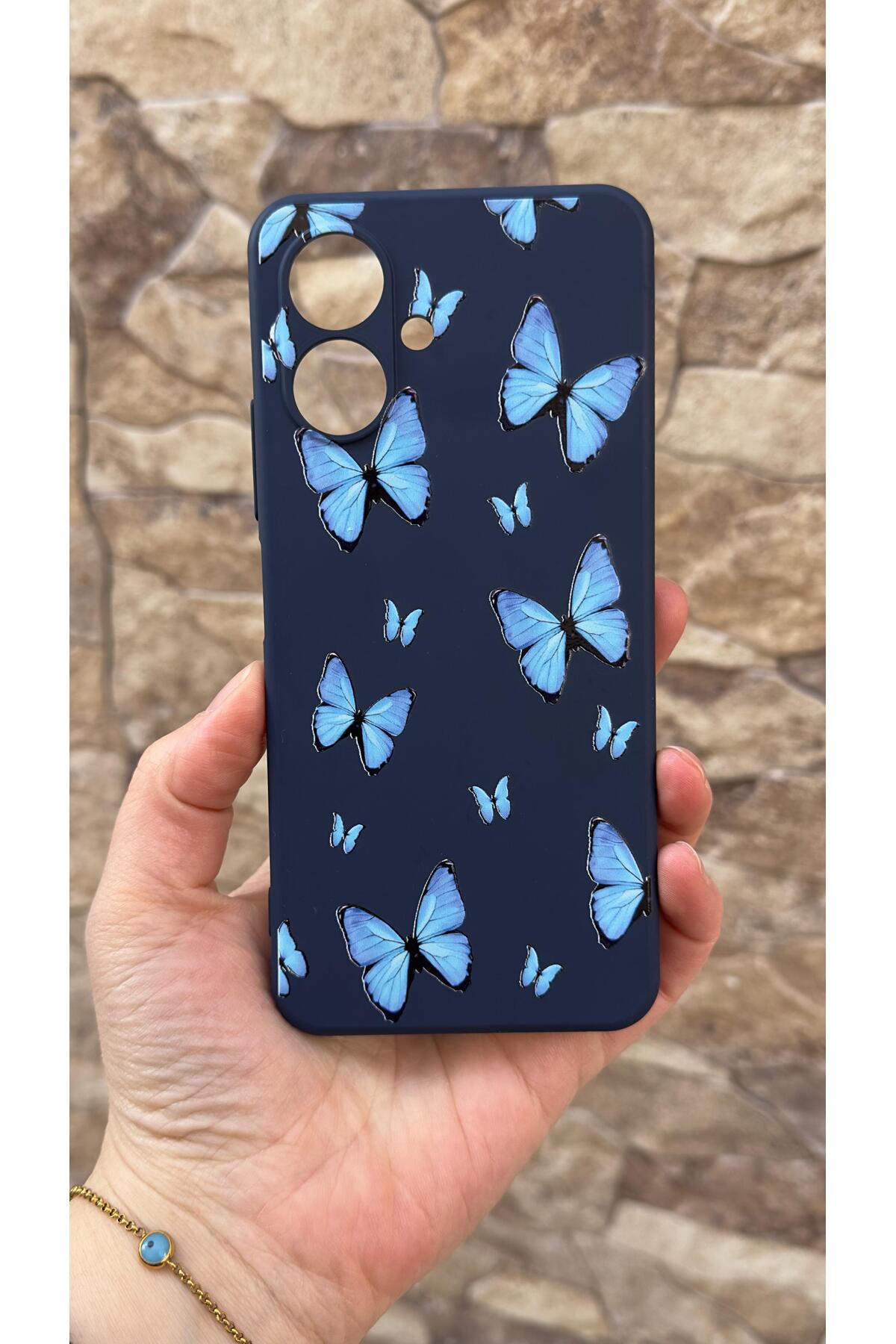 Tecno Spark Go2 Uyumlu Mavi Kelebek Desenli Silikon Darbe Emici Klasik Korumalı Rubber Kılıf