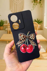 Realme C55 Uyumlu Kiraz Leopar Fiyonk Desenli Silikon Darbe Emici Klasik Korumalı Rubber Kılıf