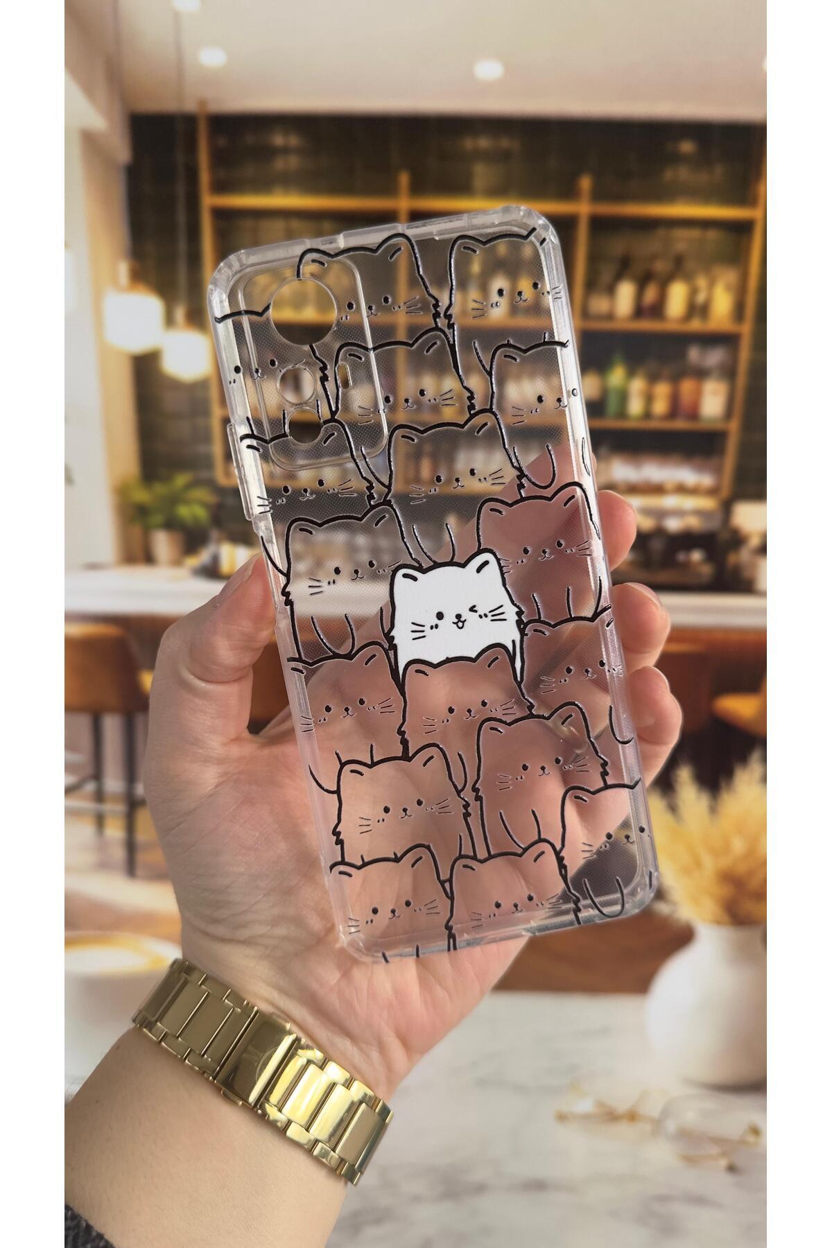 Xiaomi Redmi Note 12S Uyumlu Manycat Desenli Şeffaf Darbe Emici Kamera Korumalı Clear Kılıf