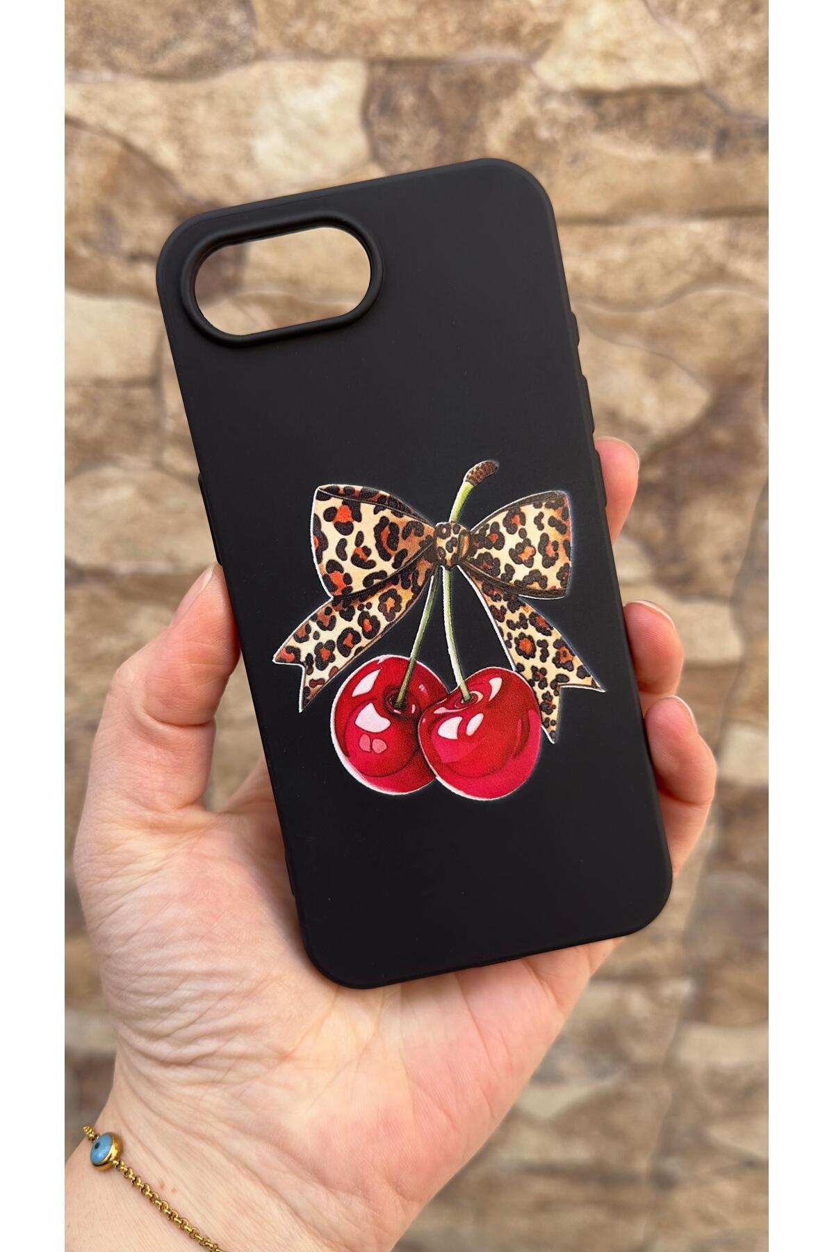 İphone 16E Uyumlu Kiraz Fiyonk Leopar Desenli Silikon Darbe Emici Klasik Korumalı Rubber Kılıf